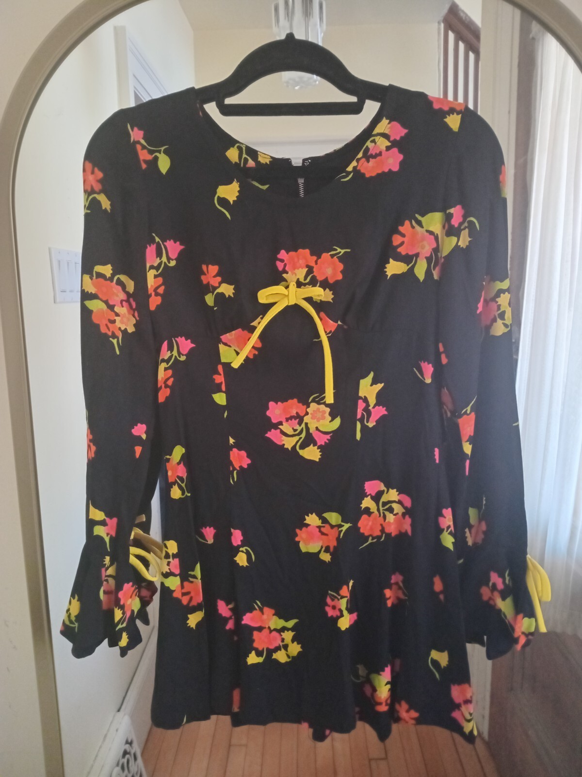 Vintage 60s Black Neon Pink Yellow Floral Mini Dress Mod Go Go Hippie Rare S