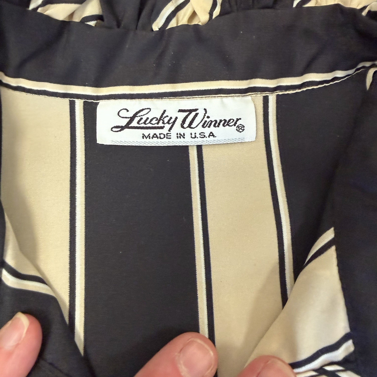 Lucky Winner Cream & Black Stripe Ruffle Button Front Blouse Size Small Vintage