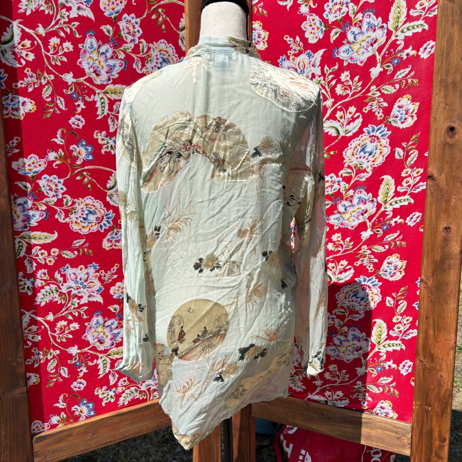 Vintage Semi Sheer Beachy Coastal Button Front Boho Blouse Size L