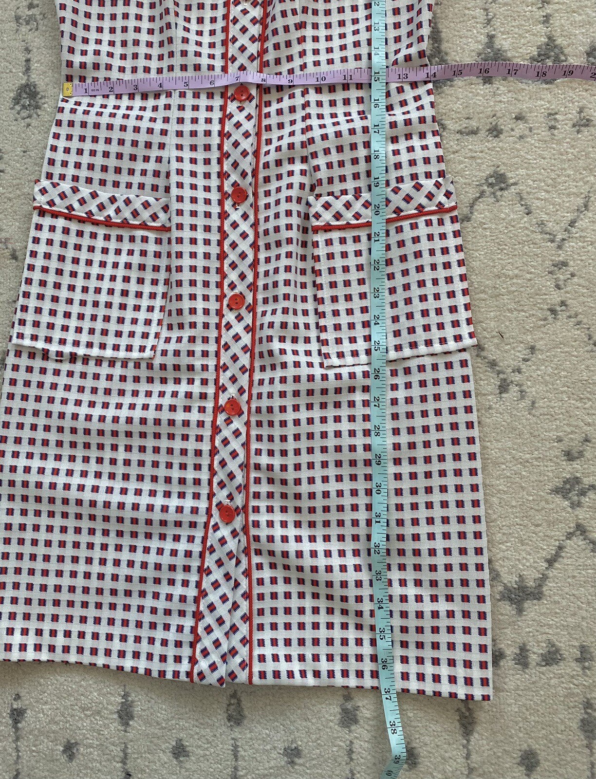 Vintage Summer Dress, 60s-70s Button Front w Pockets S/M, Red White Blue MCM