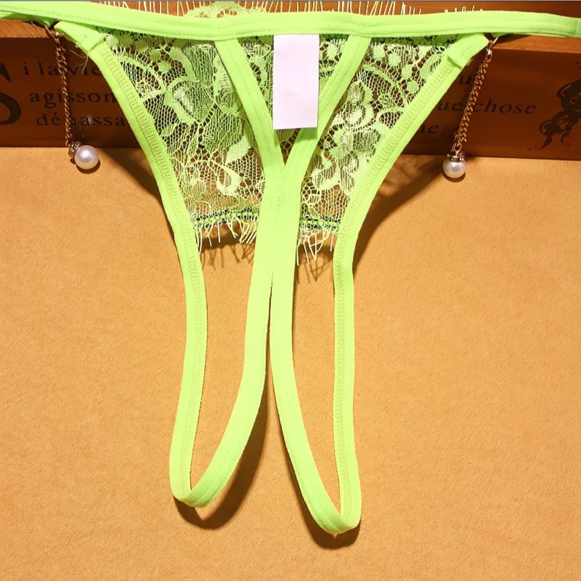 Neon Green Low Rise Sheer Floral Lace Thong w/ Pearl Pendant Sexy Panties