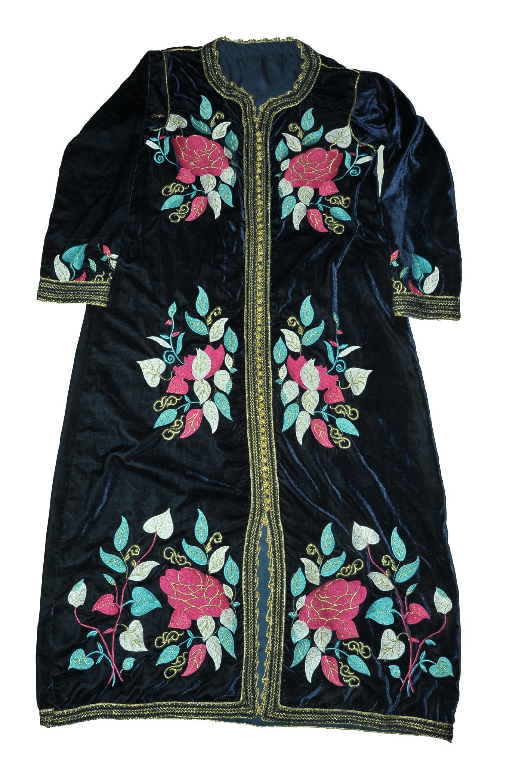 Vintage Moroccan Handmade Caftan Blue Velvet Flower Design