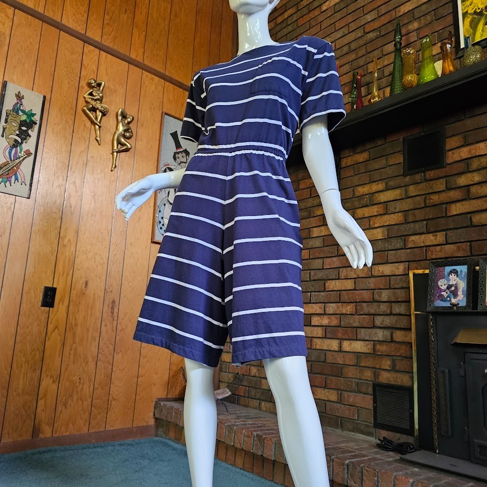Vtg 90s Preppy Momcore Stripe Navy Playsuit Shorts Mini Dress T-Shirt Romper S/M