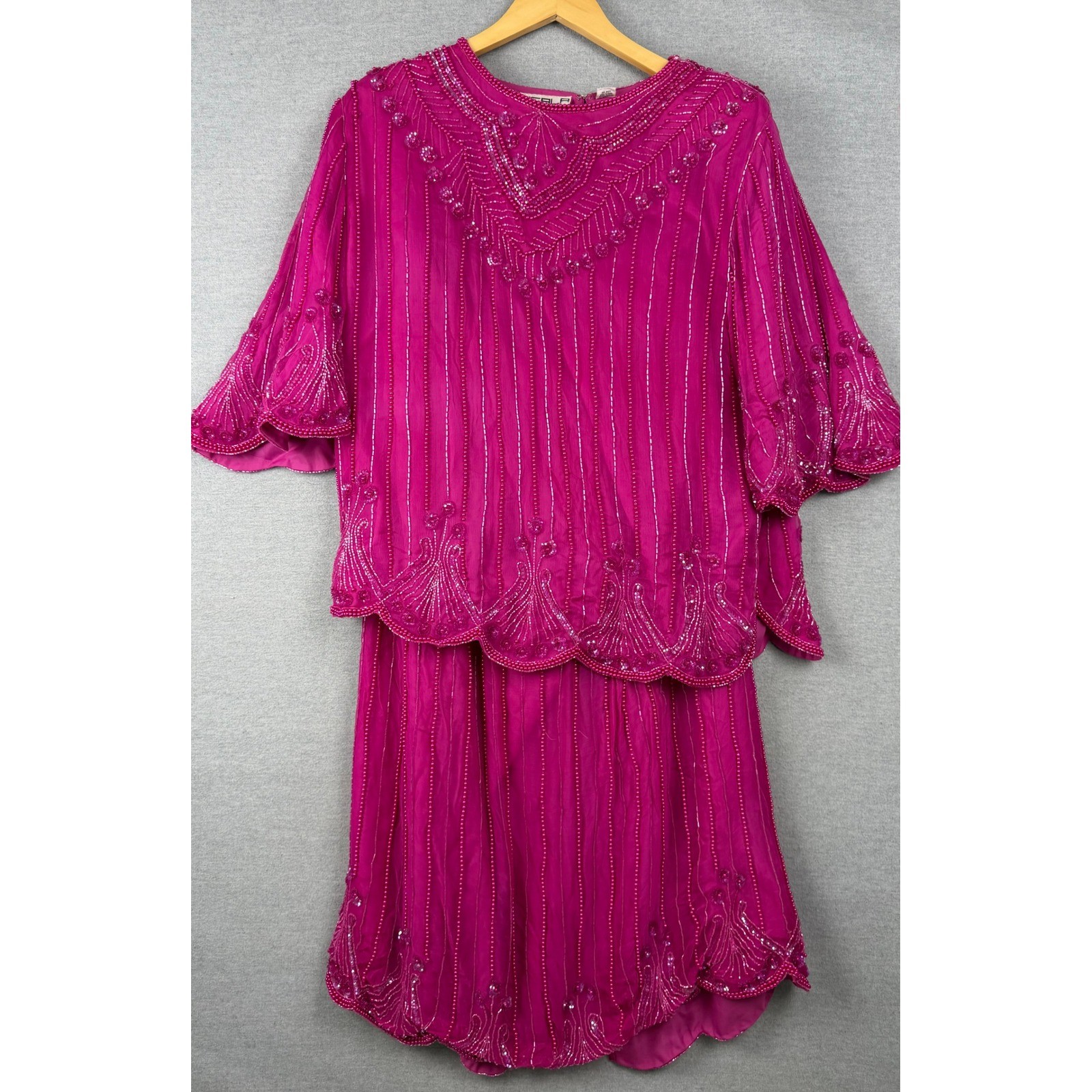 Vintage Scala Magenta Pink Beaded Silk 2 Piece Set Blouse Skirt Sequin Formal L