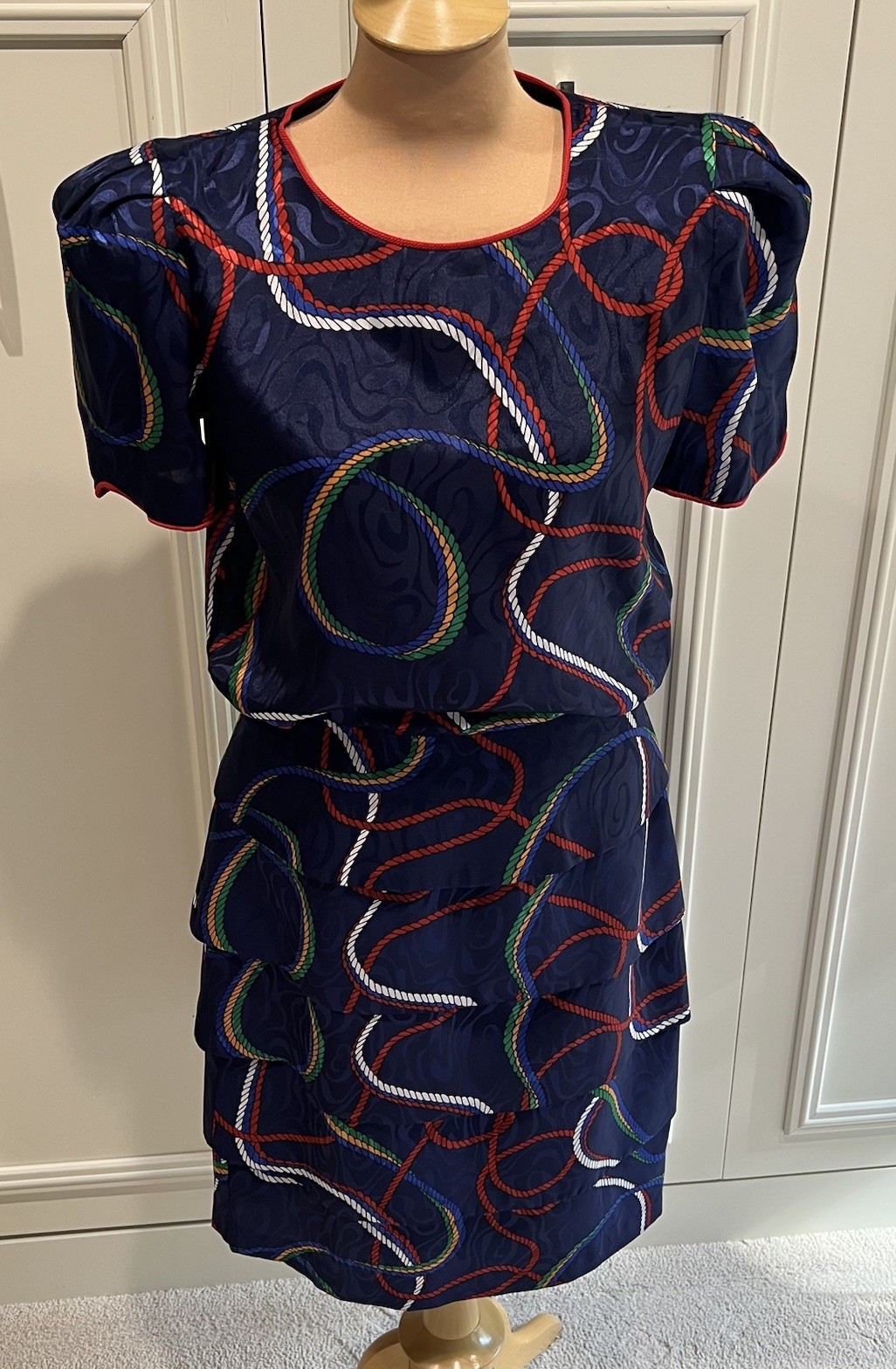 Vintage Sabino Women’s Dress Size 8 Navy Rope Print Tiered Nautical 80s Designer