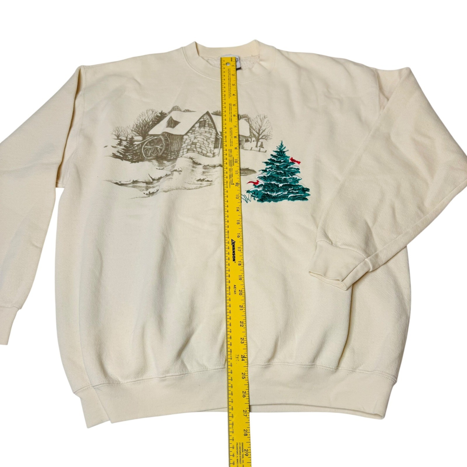 Vtg American B-Wear Fleece Embroidered Cabin Winter Country Christmas Tree XL