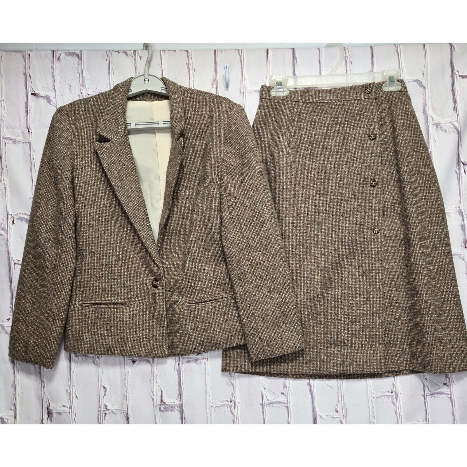 Vintage Handmade Brown Tweed Skirt Suit Set Blazer A-Line Skirt Wool Blend