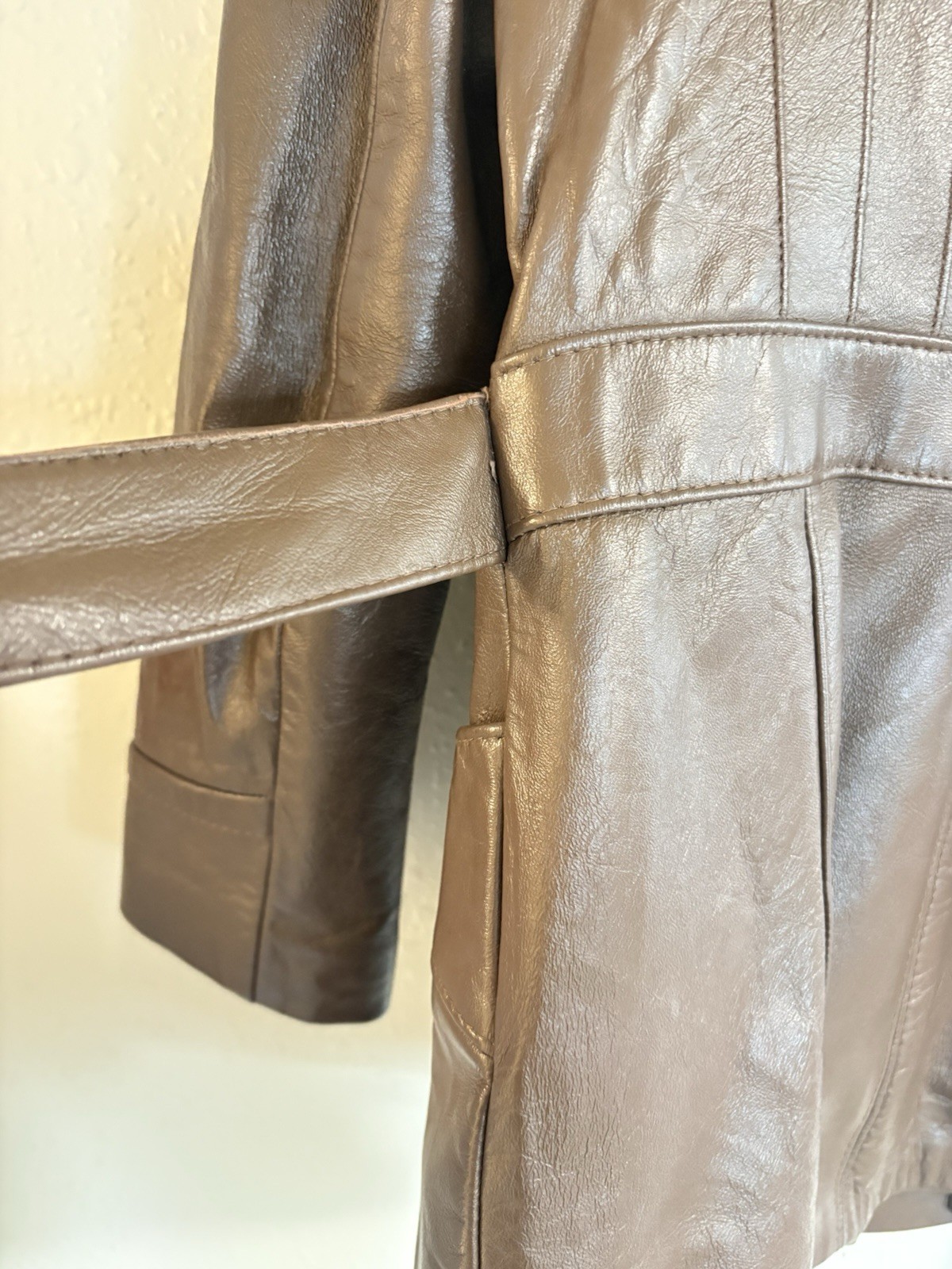 70s Womens S Raccoon Fur Brown Leather Peter Caruso Belted Jacket Coat Vintage