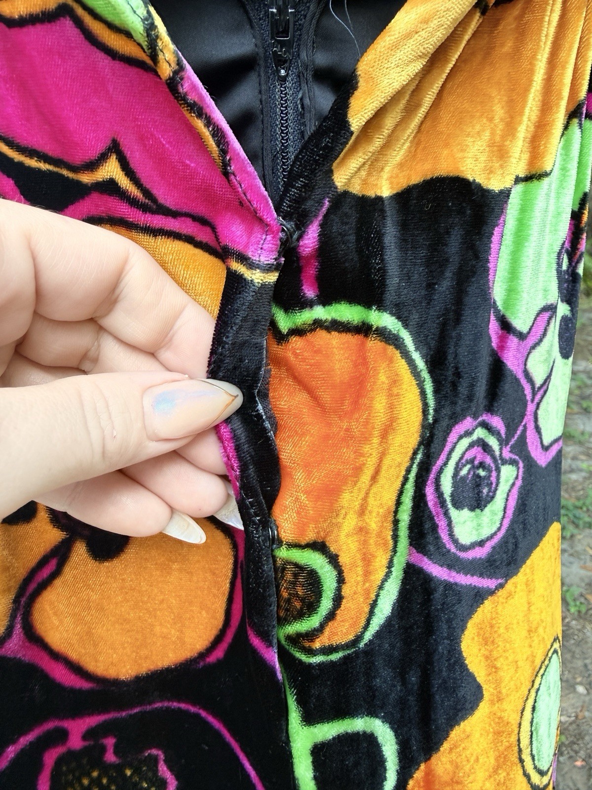 Vintage 1960s Mia Boutique Bright Floral Velvet Maxi Dress