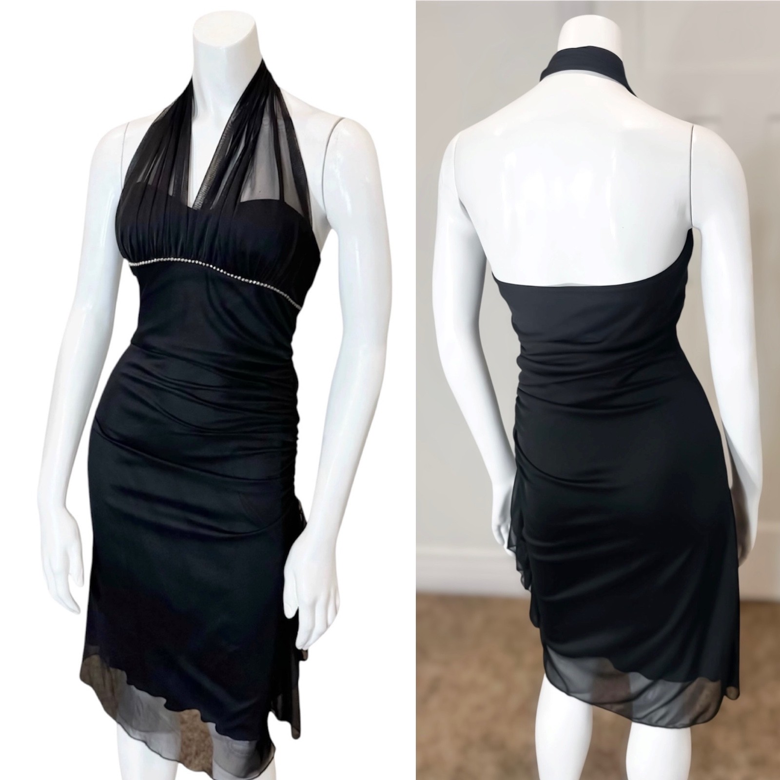 Vintage 90’s y2k SEXY RHINESTONE FAIRY DRESS M Bodycon Stretch Mall Halter Black