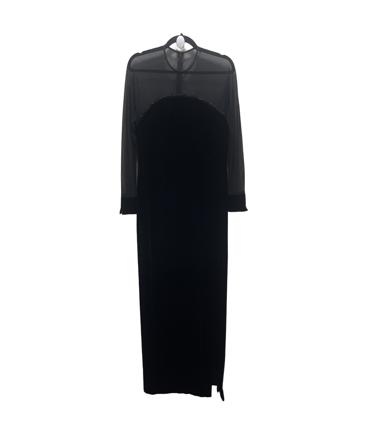 Vtg 90s Rimini Black Velvet Illusion Neckline Mesh Long Sleeve Gown Dress Sz 14
