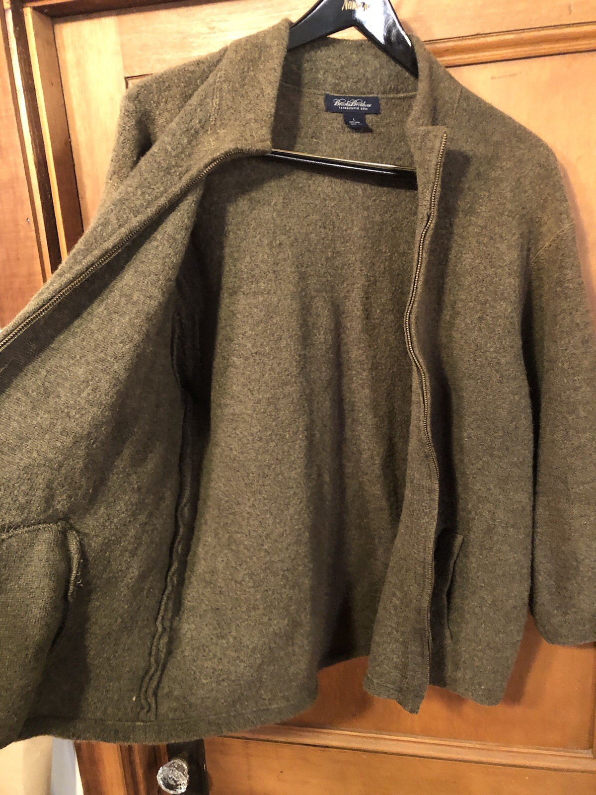 Vtg BROOKS BROTHERS 100% Wool Full Zip Sweater Gray/Green Sz L Made In Hong Kong