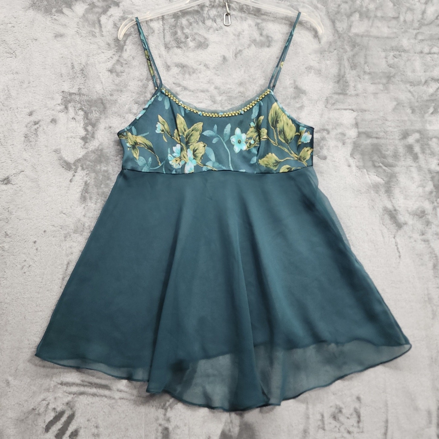 Vintage Secret Treasures Chemise Womens M Green Floral Satin Chiffon Babydoll