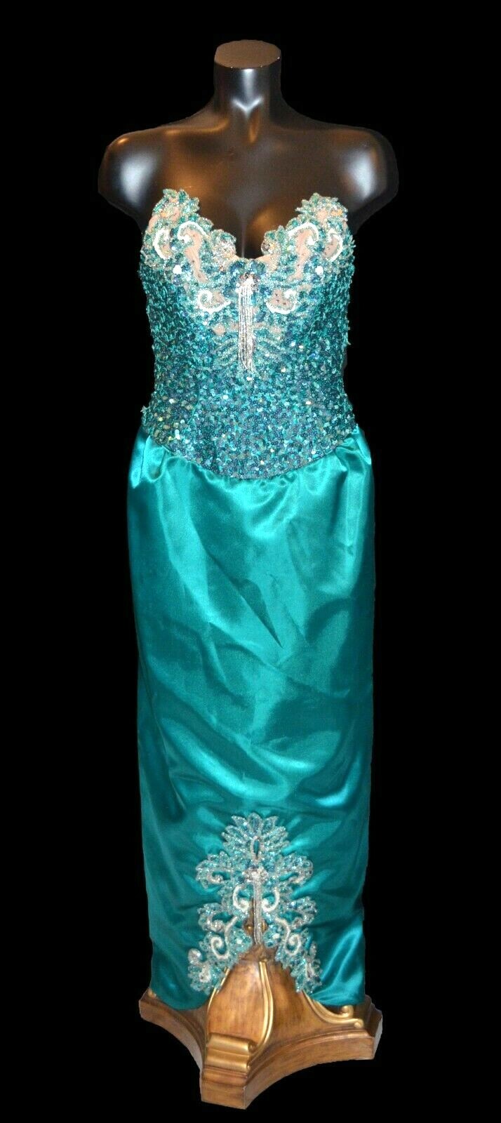 Mike Benet Vintage 80s Turquoise Green Satin Beaded Pageant Party Prom Dress 12