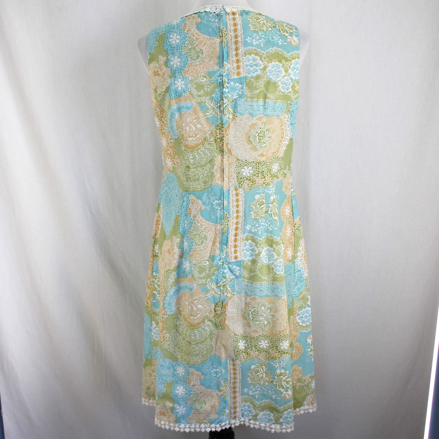Vintage Lounge Craft Dress Size S/M Blue Green Floral Sleeveless Crochet Trim
