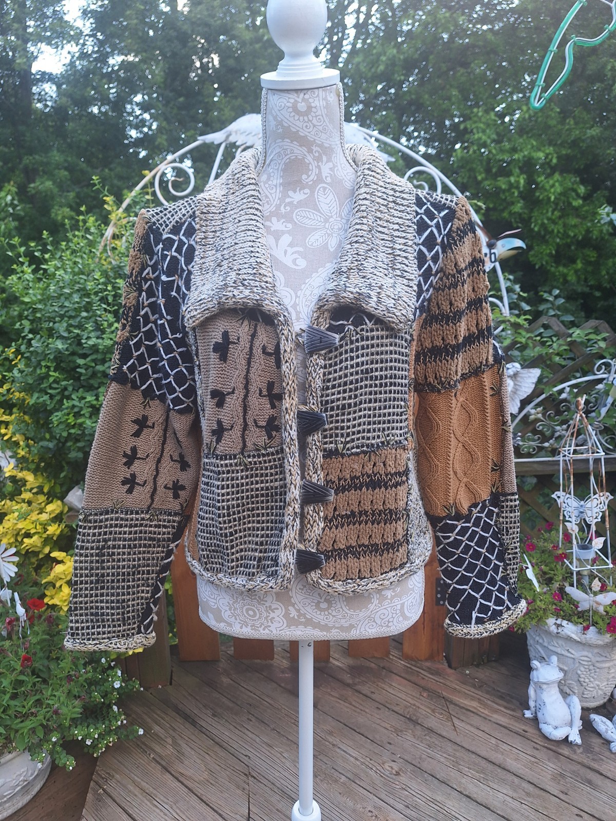 ~RARE~ VTG 1990s SANDY STARKMAN Chunky Textured Patchwork Cardigan Sweater Boho
