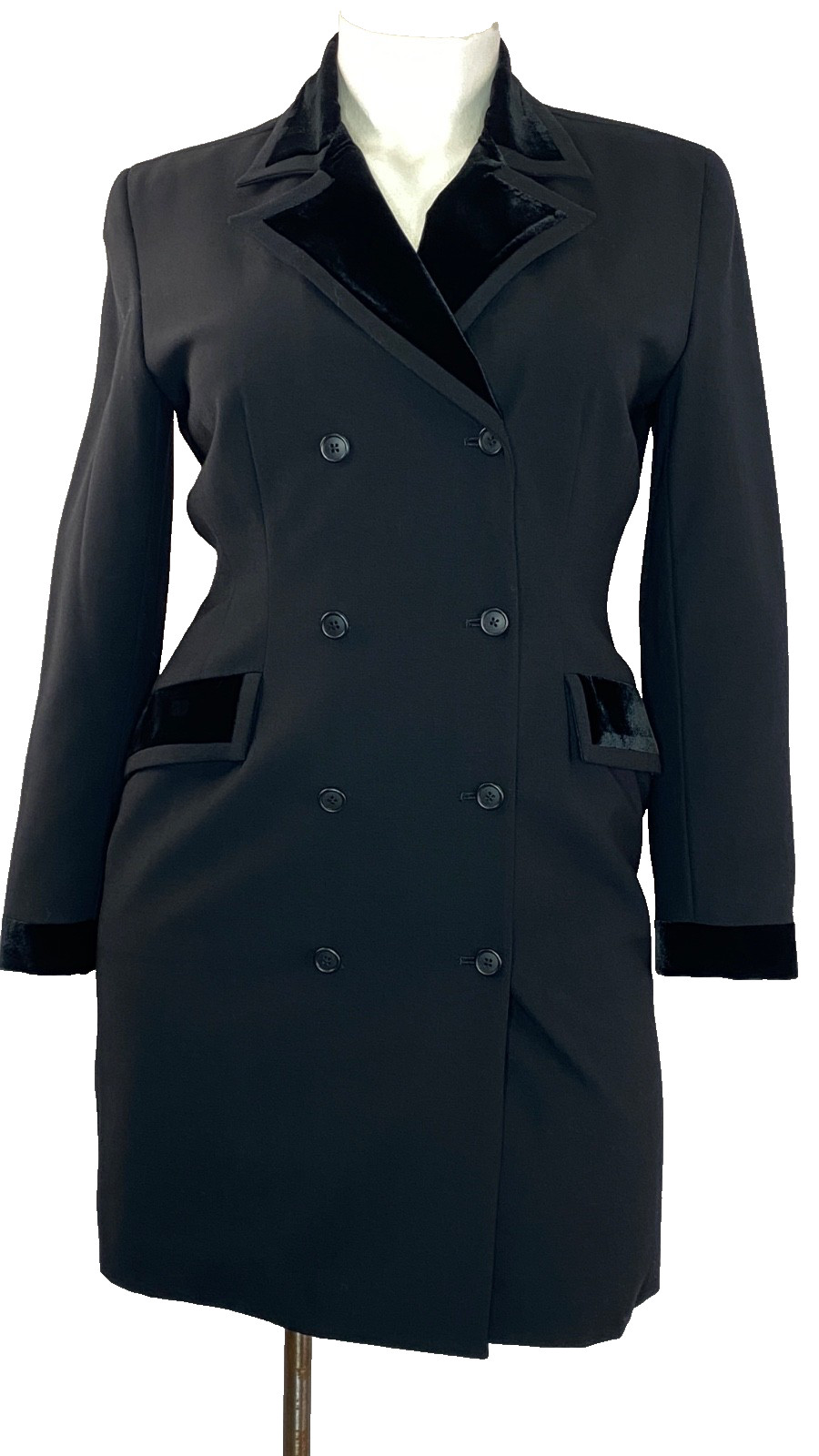 Vintage 1990s black DKNY wool silk velvet jacket shirt dress pea coat L XL plus