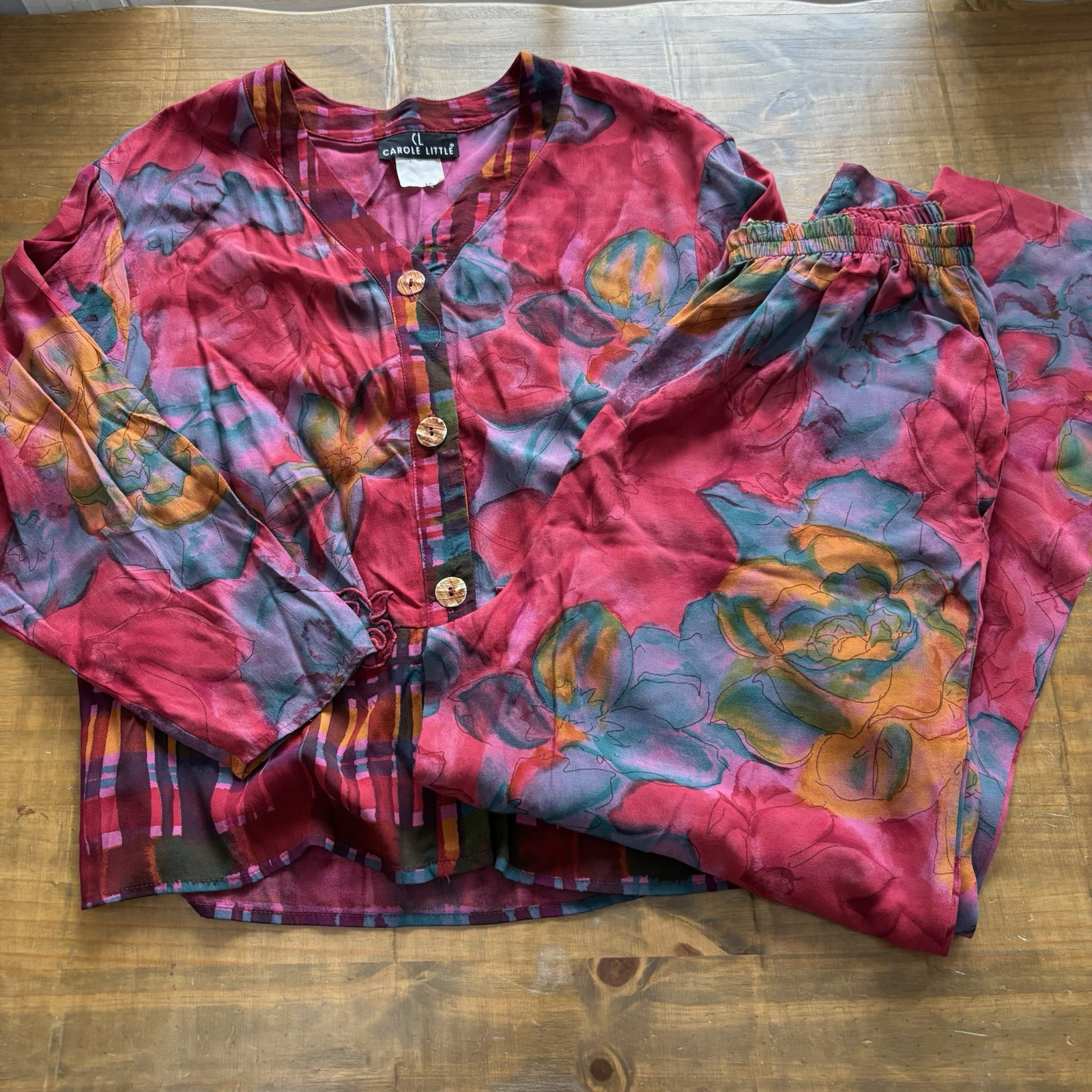 VTG 90s Carole Little Petites Top/Pant Set-Floral Embroidered-Colorful-Size 10P