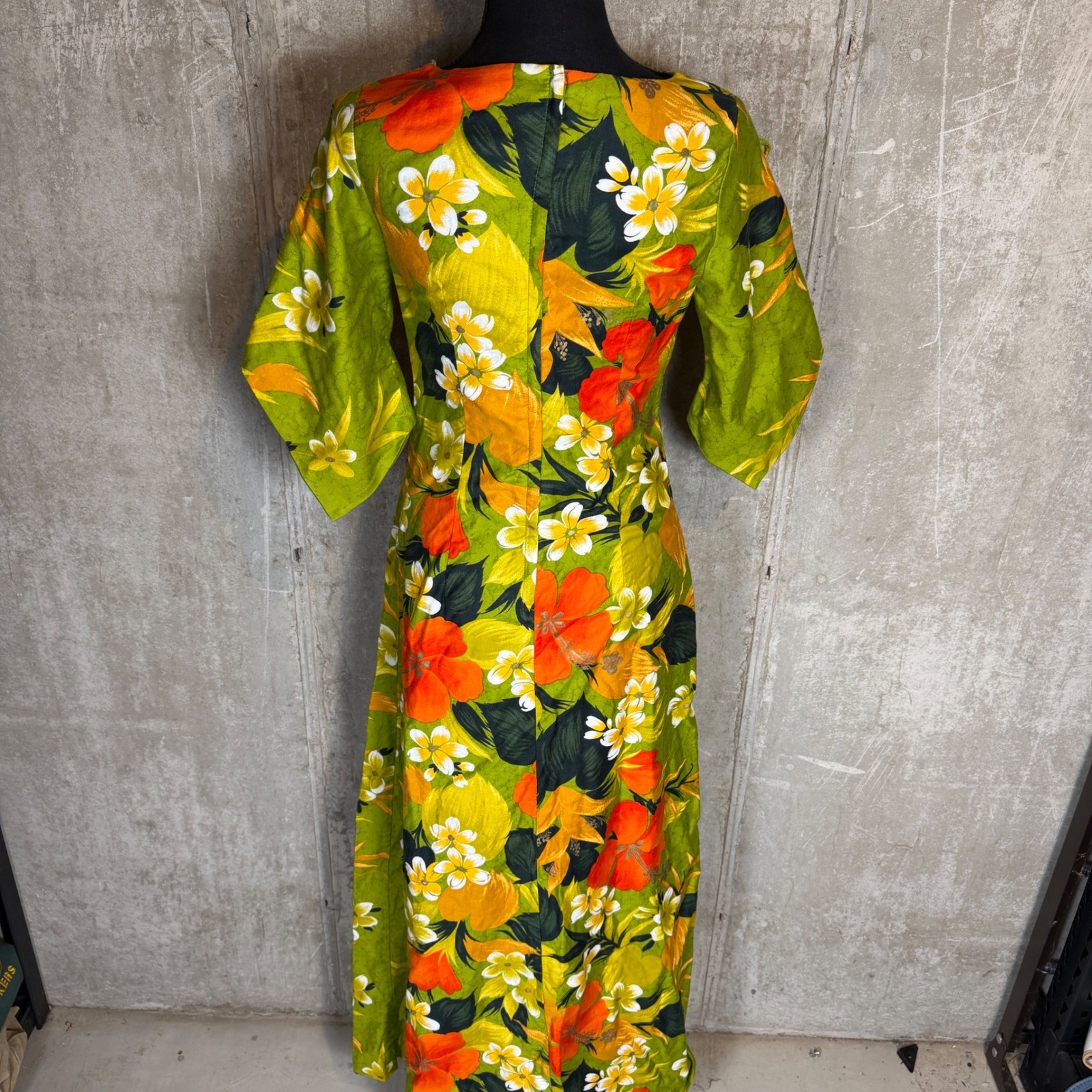 Vintage 60s Sears Hawaiian Fashions Floral Maxi Dress Green Orange Talon Zip S