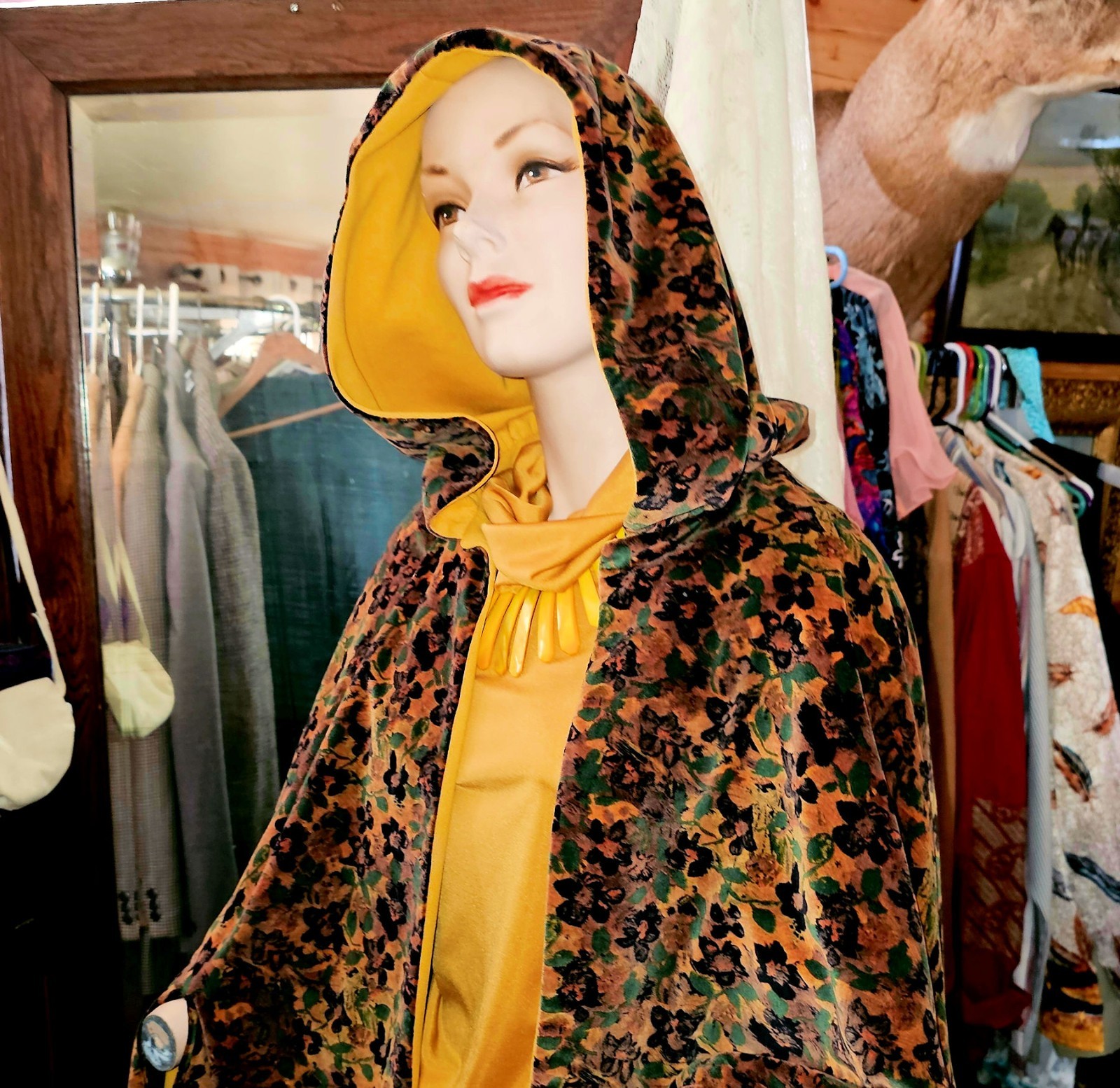 Velvet Vintage Autumn Patterned Handmade Skirt and Hooded Cape Ensemble