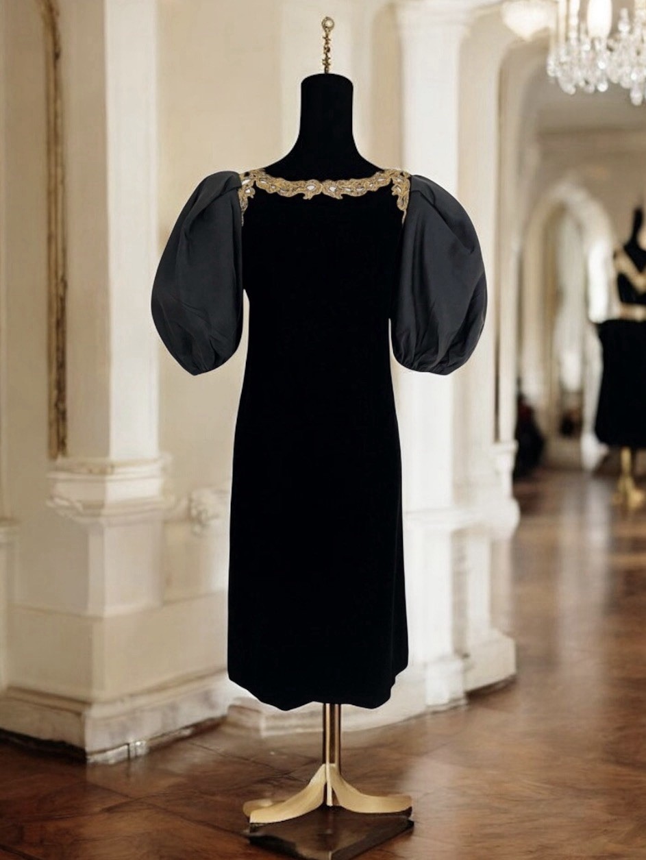 Vtg FRANK MASANDREA Velvet Dress S Black Gold Puff Sleeve Evening Old Money