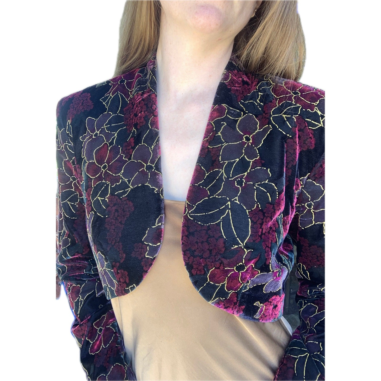 Vintage Velvet Floral CDC Evening Bolero Jacket Womens M 90s Party Cropped