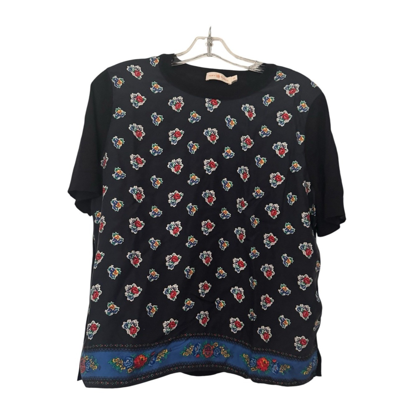 Tory Burch 100% Silk & Merino Wool Ditsy Floral Folk Art Border Top Size L