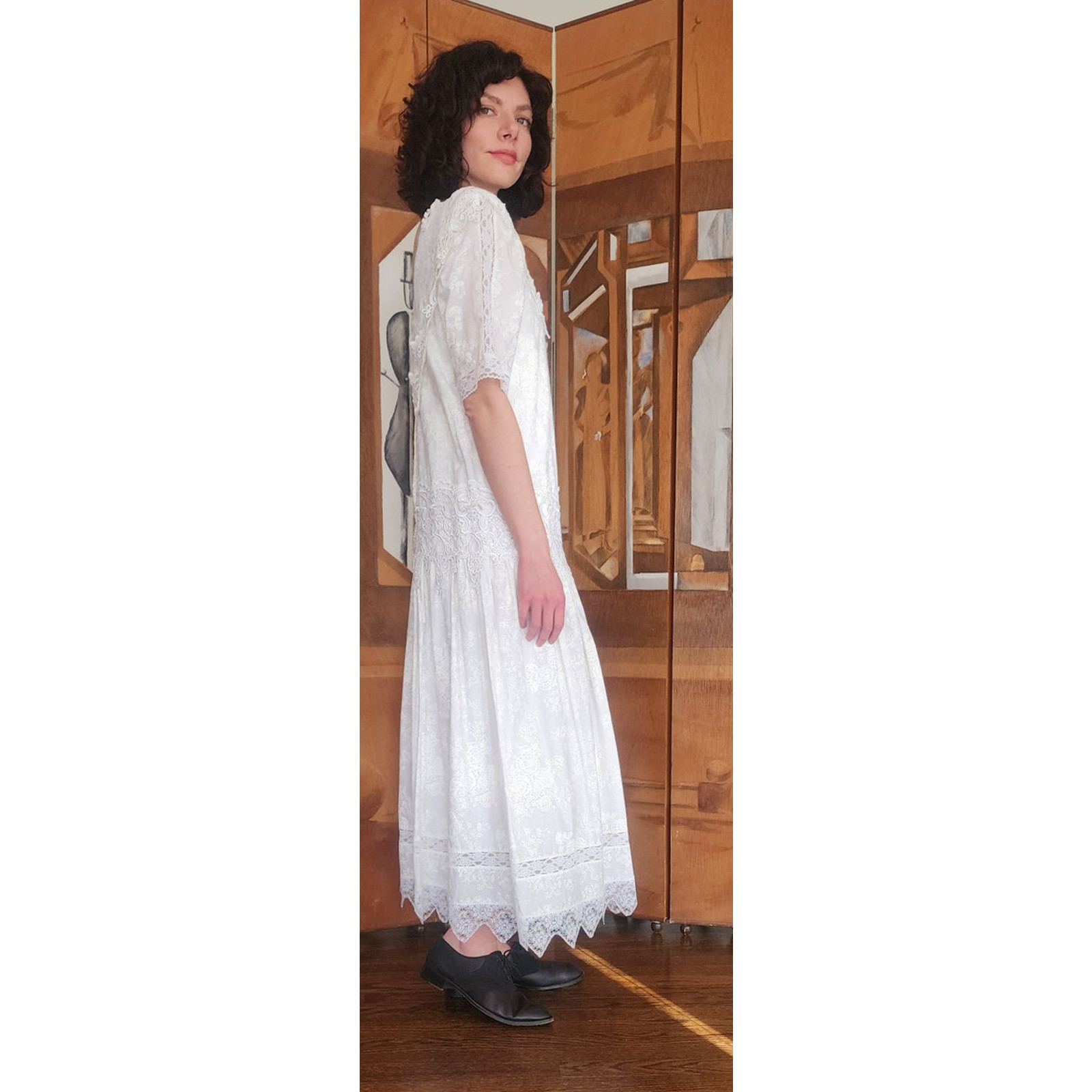 Vintage 1980s Scott McClintock White Lace Dress Drop Waist Puffed Sleeves NWT
