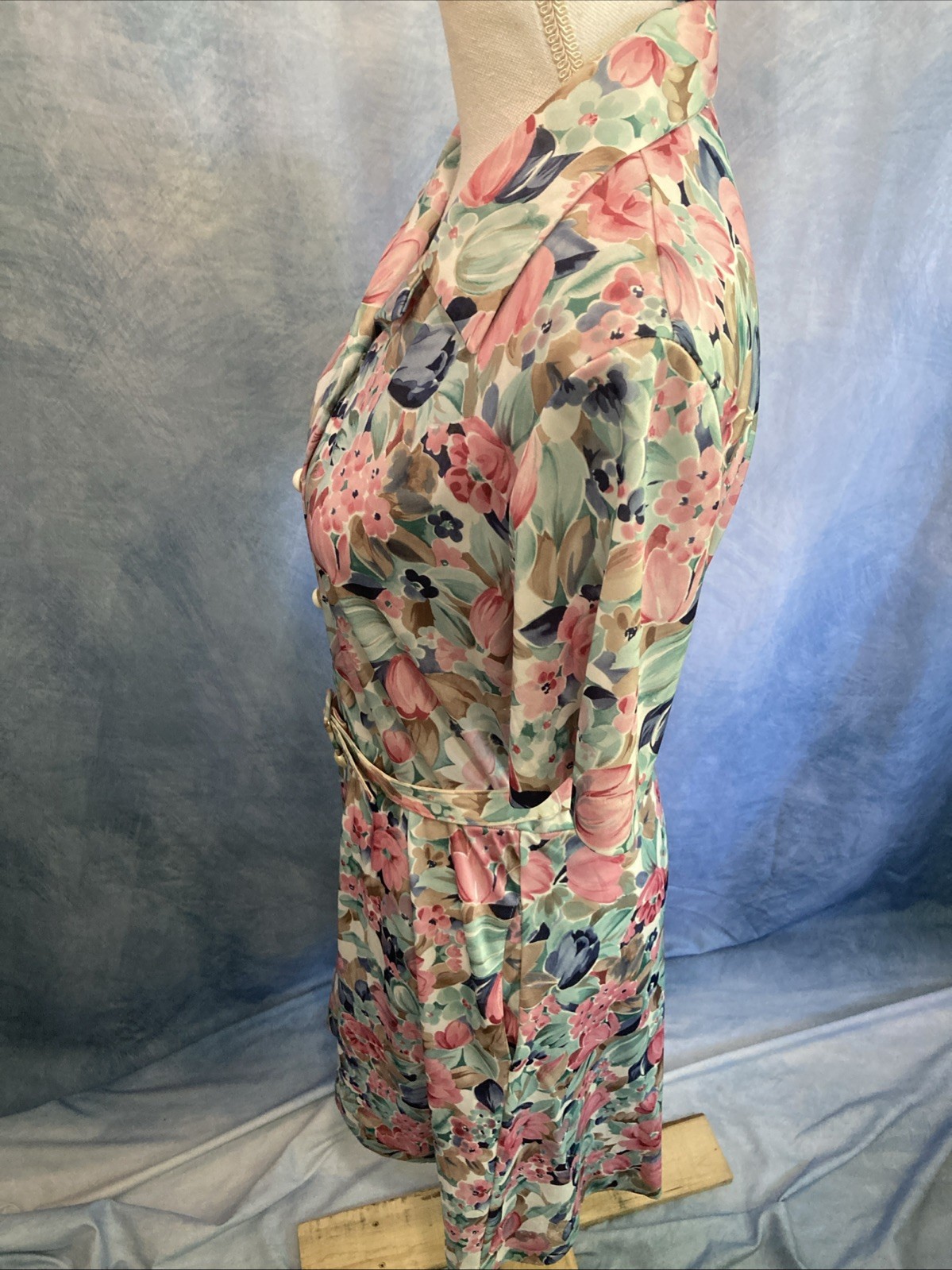 Vtg BLAIR Floral Shirtdress Pastel Pink Blue Midi Dress 80s Does 70s Style XS