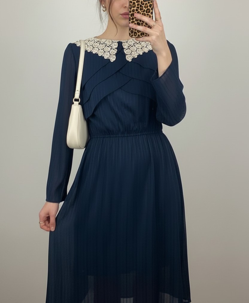 Rice Pudding Ltd Vintage 70s 80s Lace Collar Dress Navy Blue Striped Made in USA