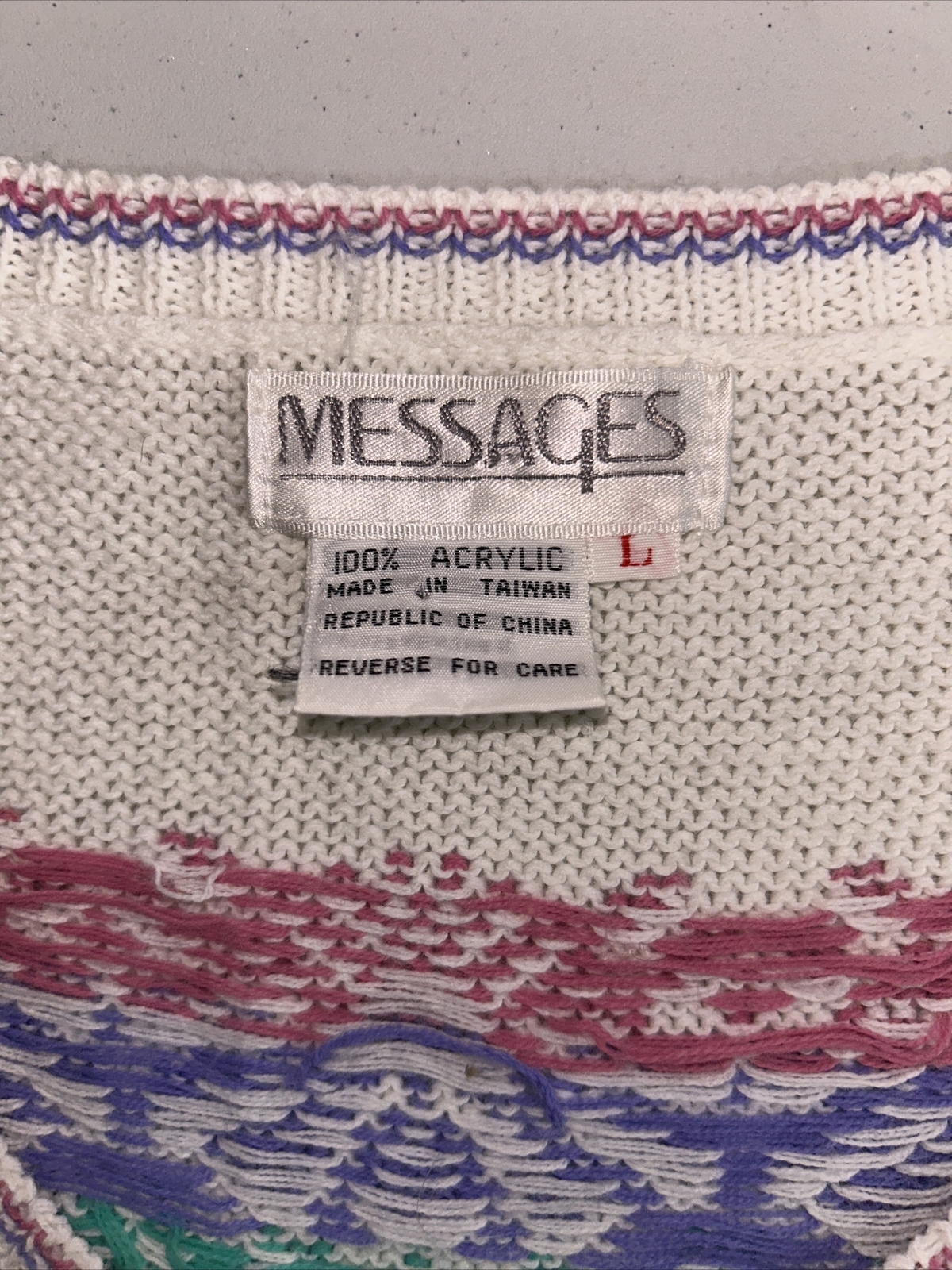 Vtg Pastel Top Messages Short Sleeve grandma 80s geek Spring Sweater large A2