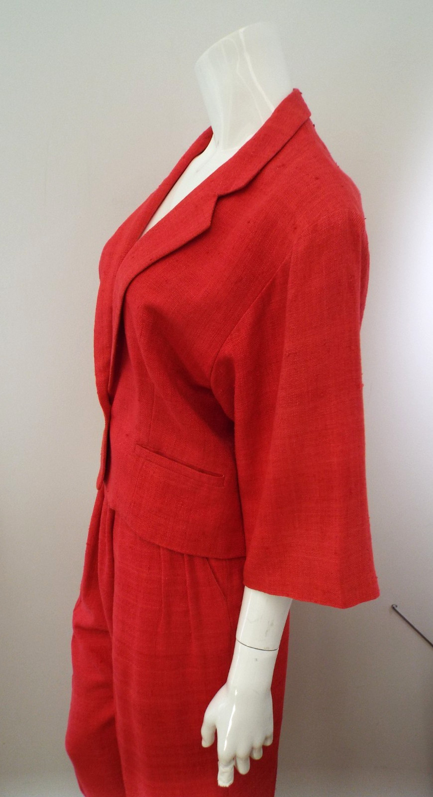 Vintage 1980s KENZO Red Silk Suit Cropped Blazer Jacket & Pleated Pants 38 Small