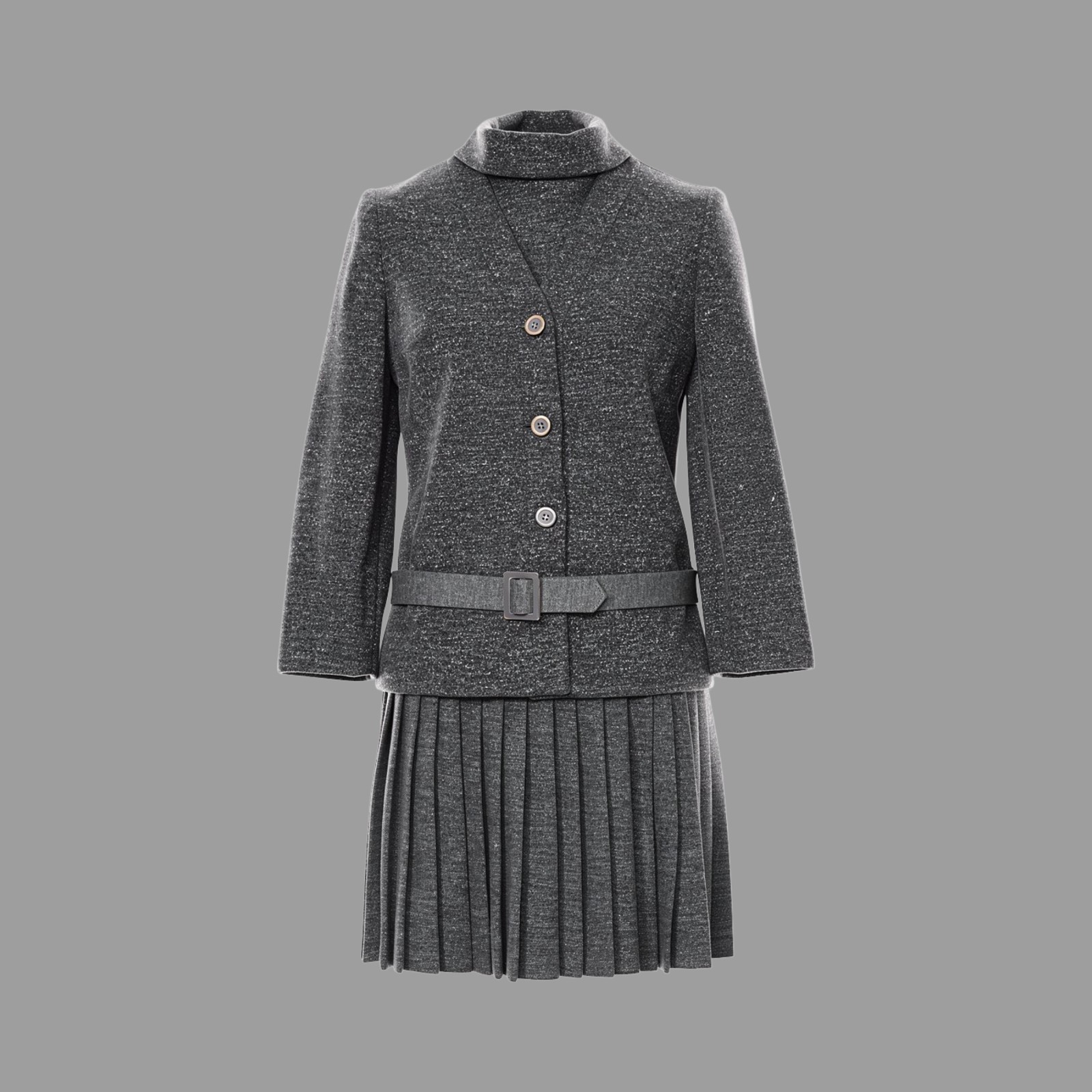 Vintage 60s Carlye Two Piece Pleated Dress Jacket Set Gray ILGWU
