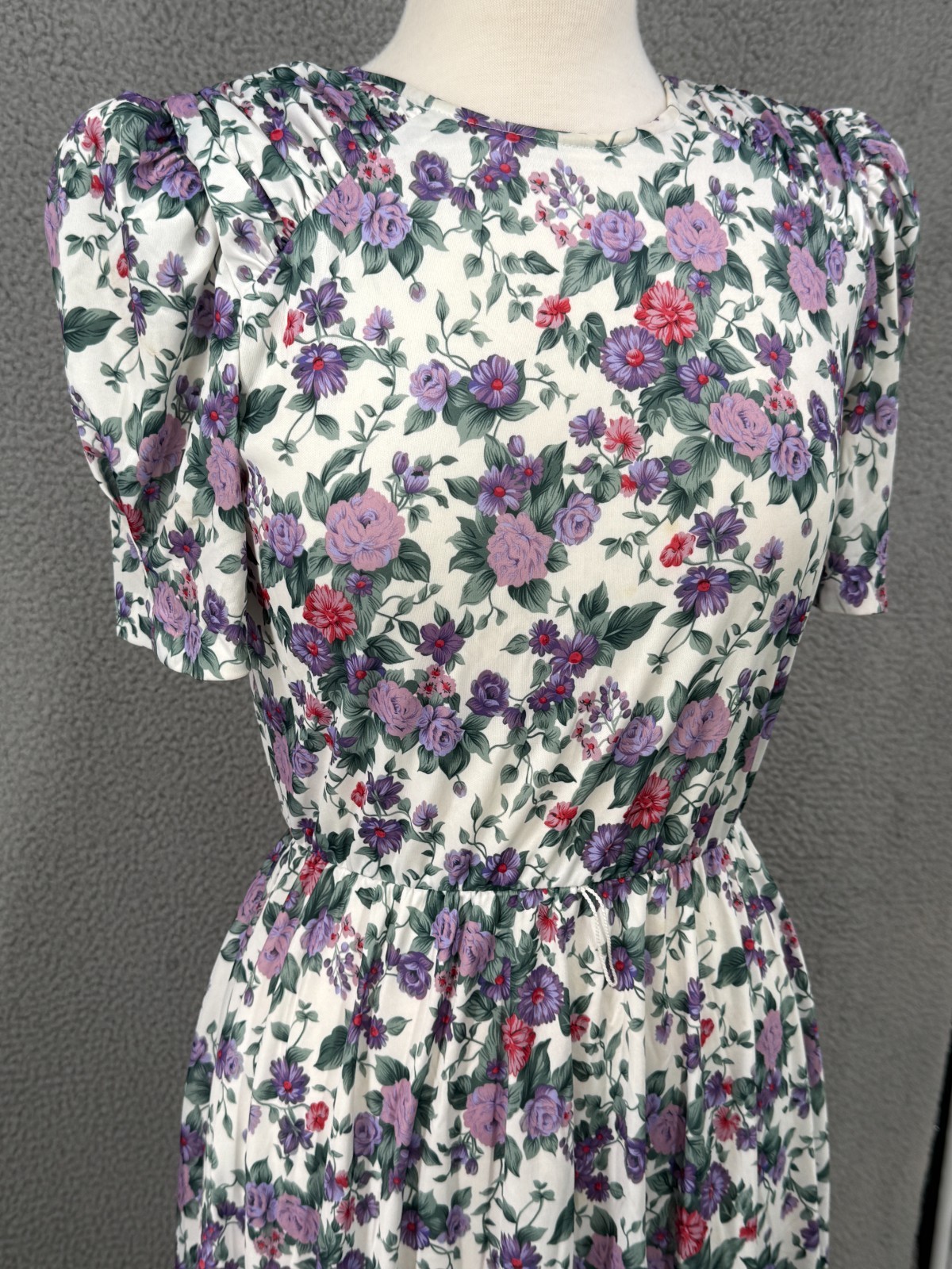 Vintage 1980s Midi Tea Length Dress S Tabby of California Fit Flare Puff Sleeve