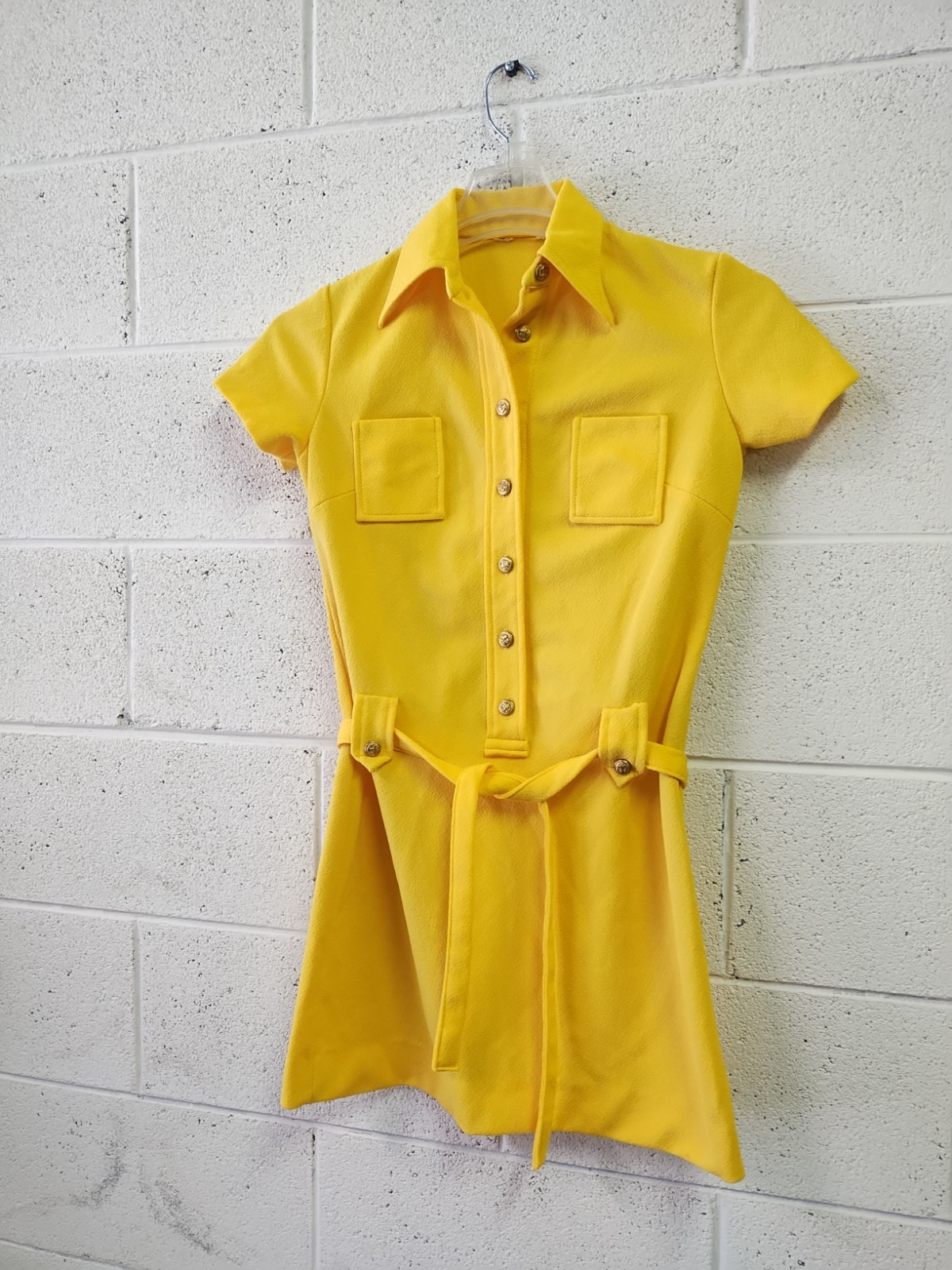 Vintage 1970’s Yellow Polyester Dress Brass Nautical Buttons Belt Pockets SM/M