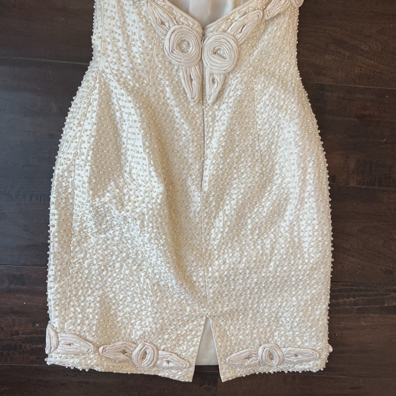 Vtg 90s Baracci Couture Pearl Embellished Rosette Silk Halter Mini Dress Wedding
