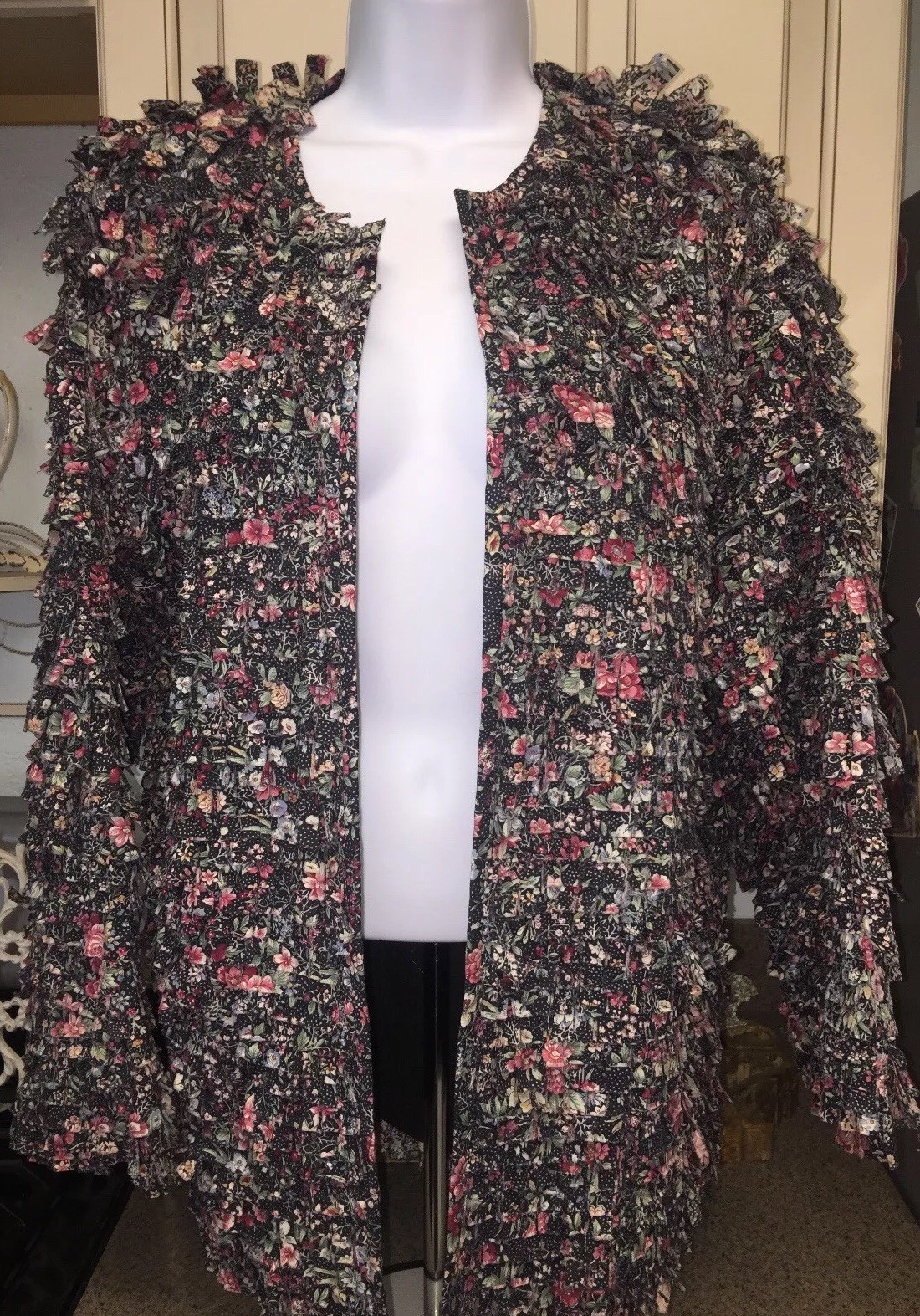 Handmade Open Front Duster Scrappy Fringe Jacket Calico Print Cotton XL Bust 46”