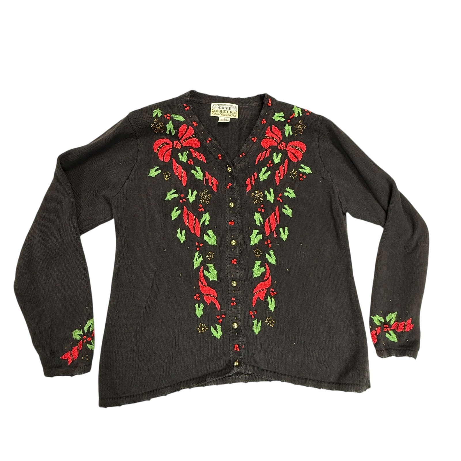 Vintage Women’s black Knit Holiday Embroidered button up Cardigan SIze L GUC