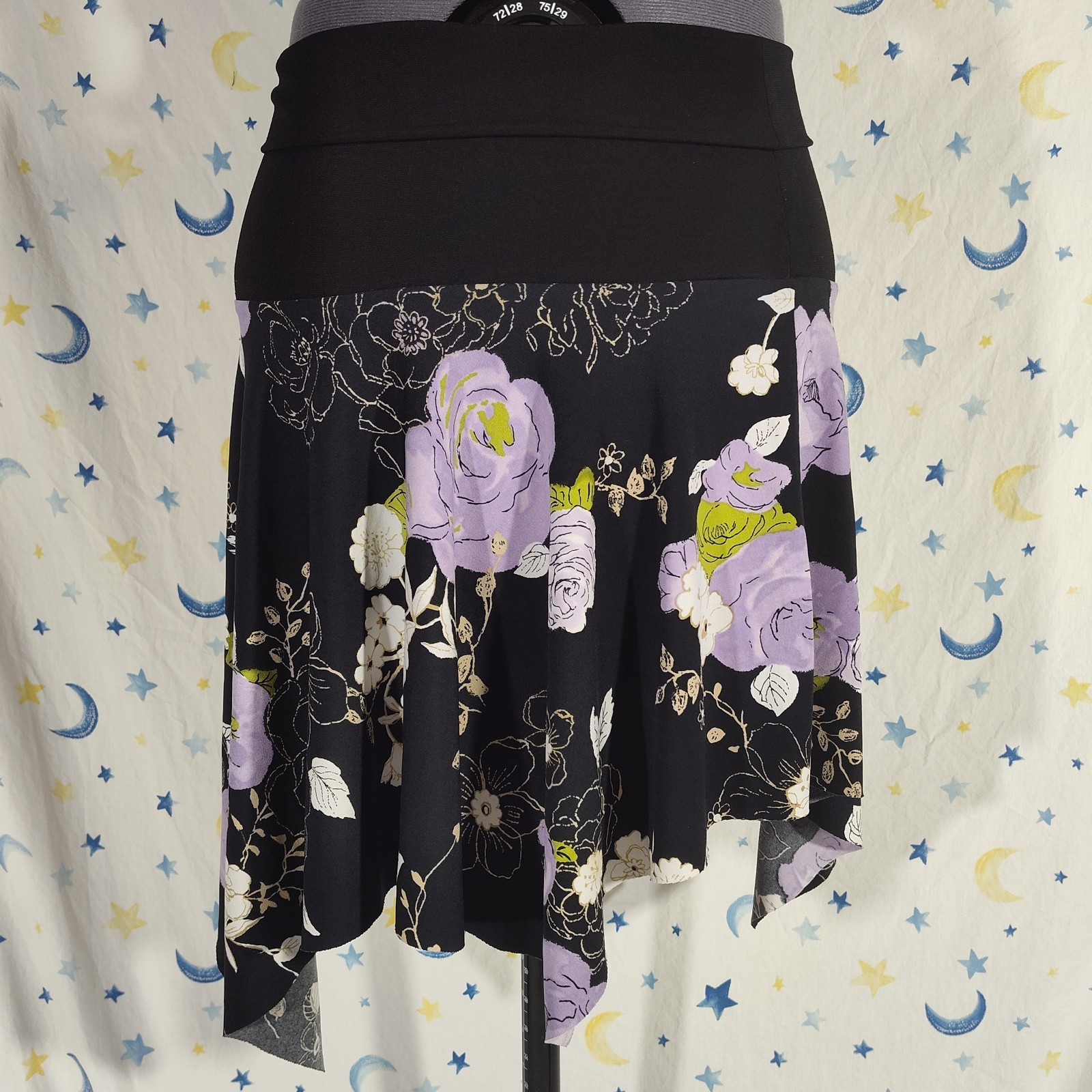 Vintage Iz Byer California Black & Lavender Rose Print Square Circle Skirt