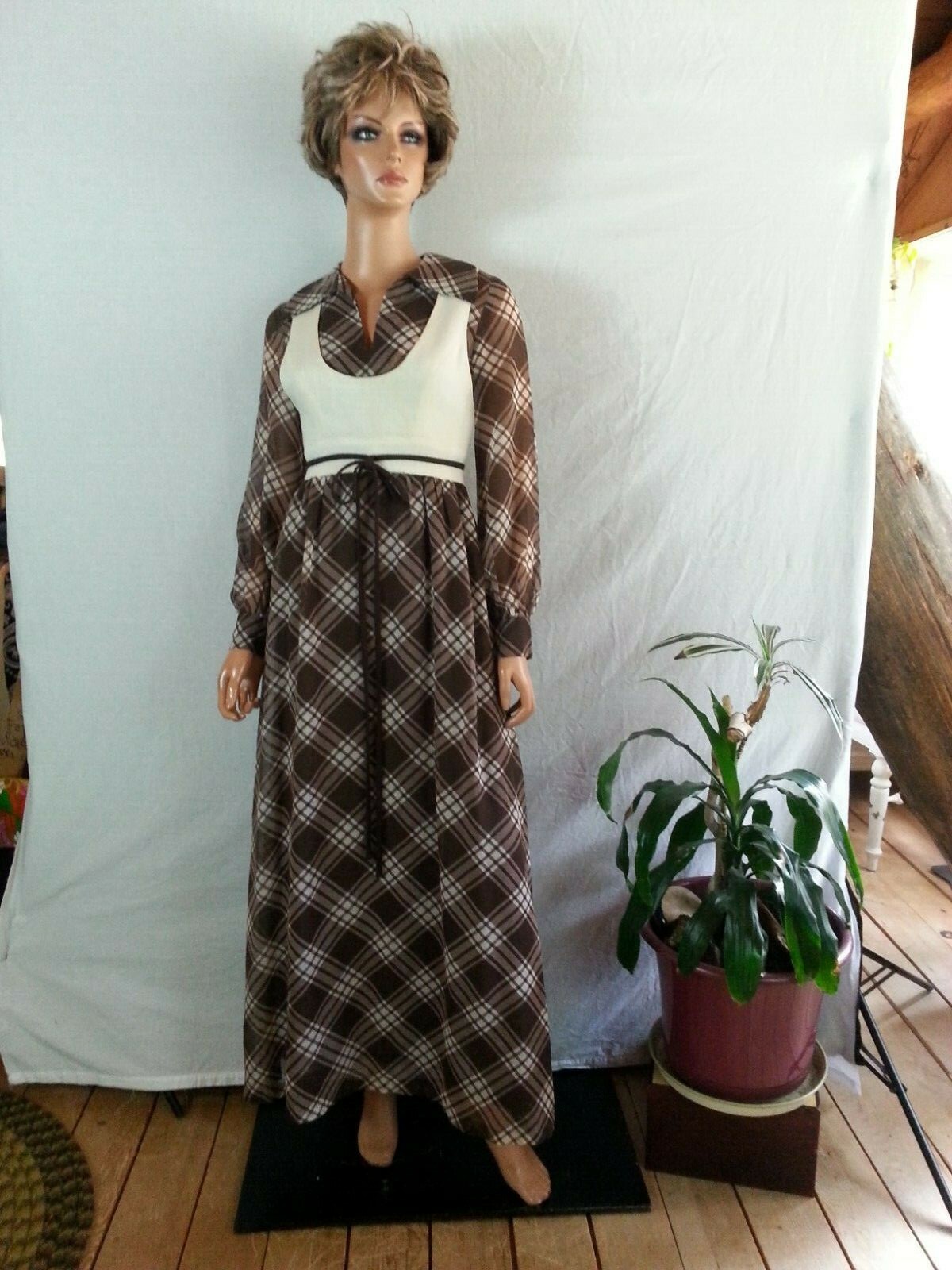 Vtg 70s Pedestal Maxi Long Dress Brown Cream Checks Long Sheer Sleeve Hippy P/XS