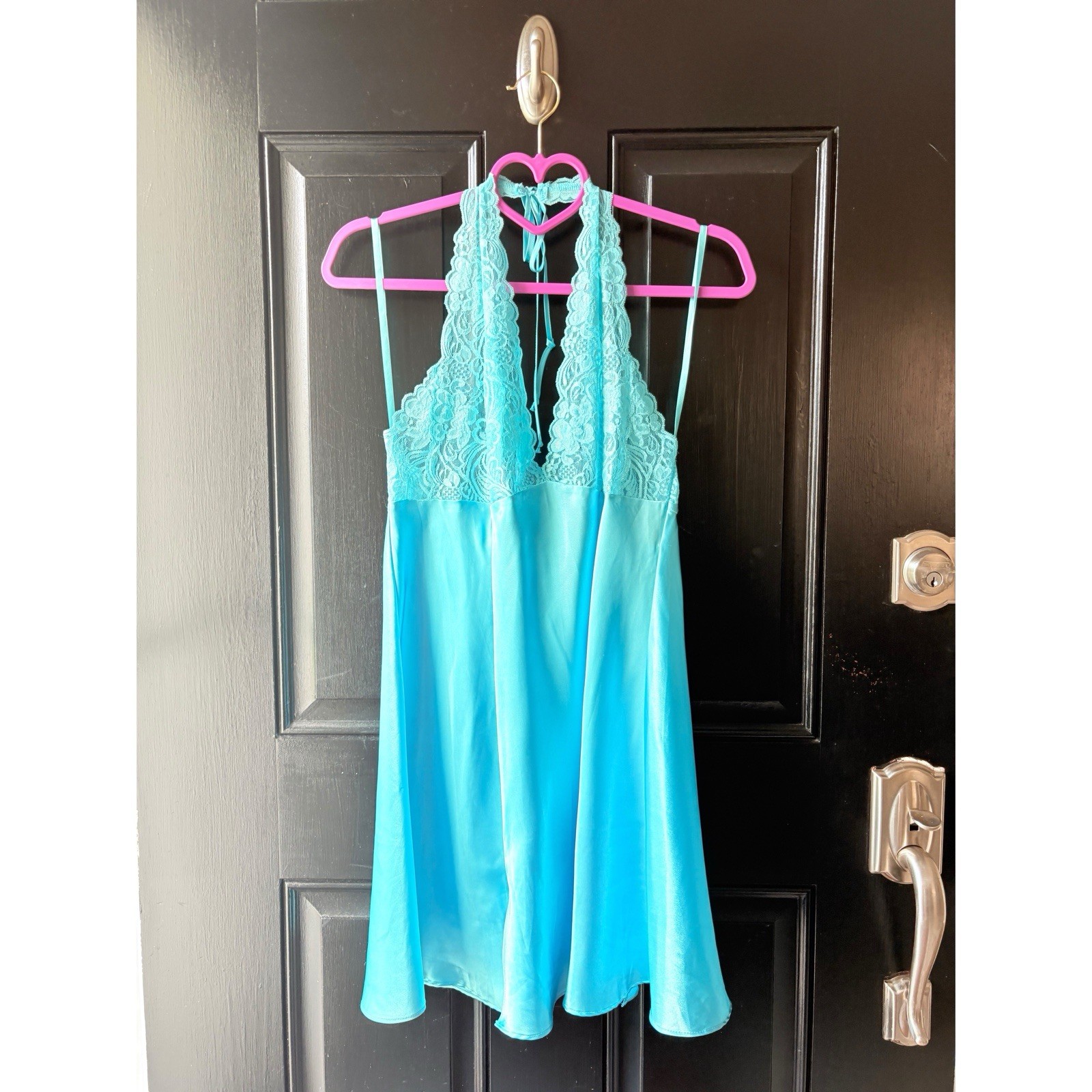 VTG Frederick’s of Hollywood Blue Satin Lace Dress Lingerie Size L Sexy Backless