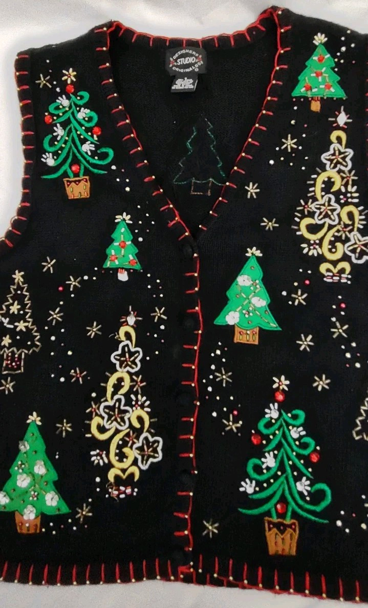 Vtg Designers Originals Studio Joy Women Christmas Knit Vest Trees Embellished