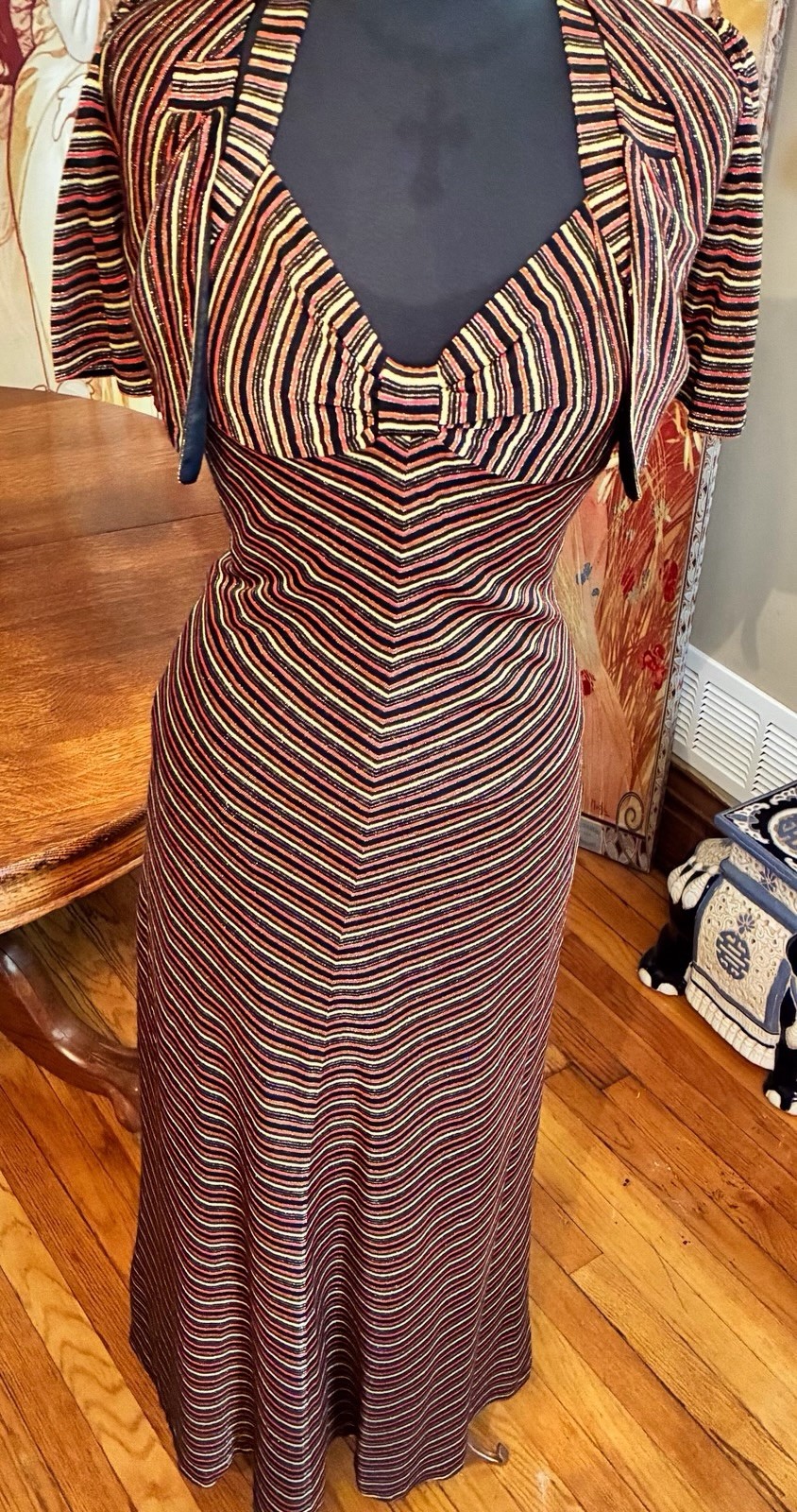 Vintage Young Innocent By Arpeja Gold Thread Halter Maxi Dress With Shrug Sz 3