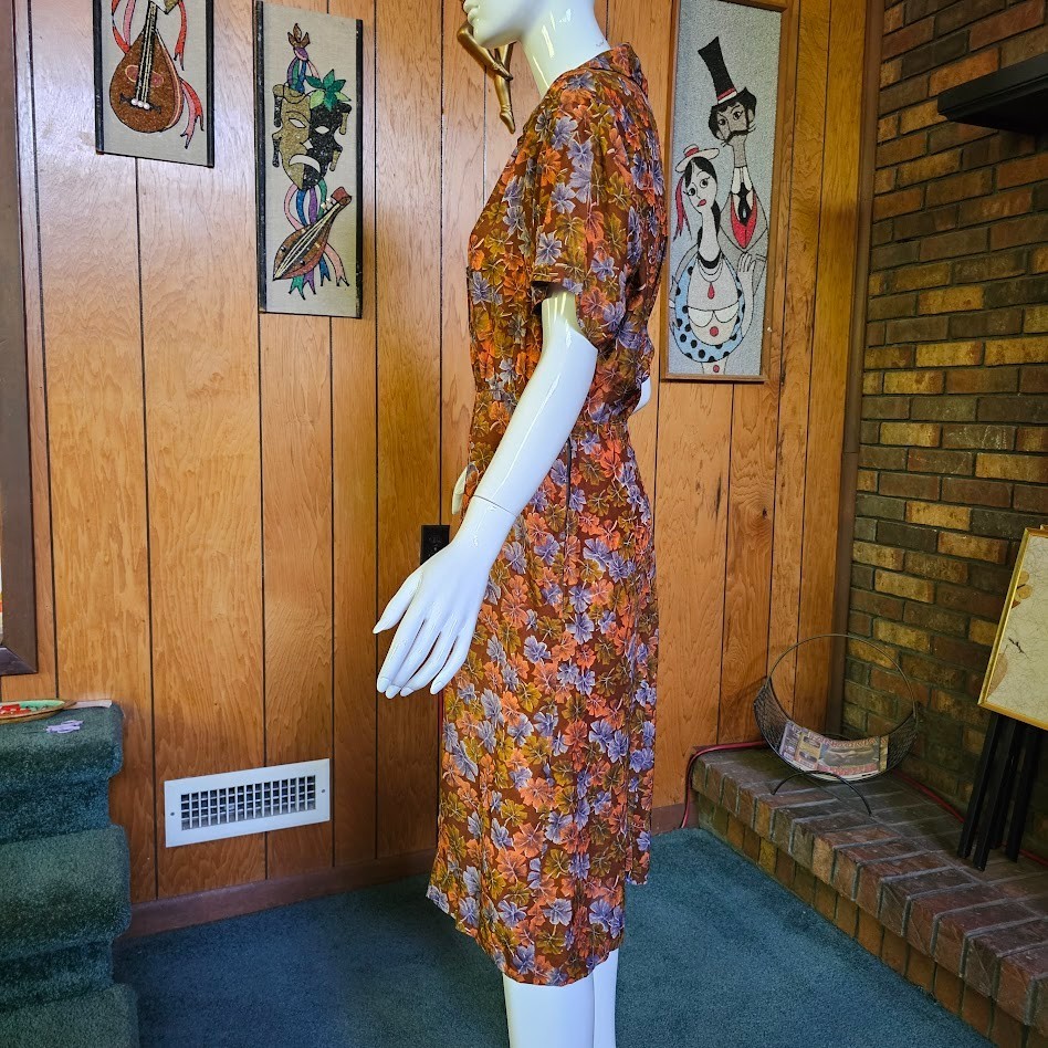 Vintage 40s 50s Novelty Fall Print Volup Shirtwaist Cold Rayon Day Swing Dress L