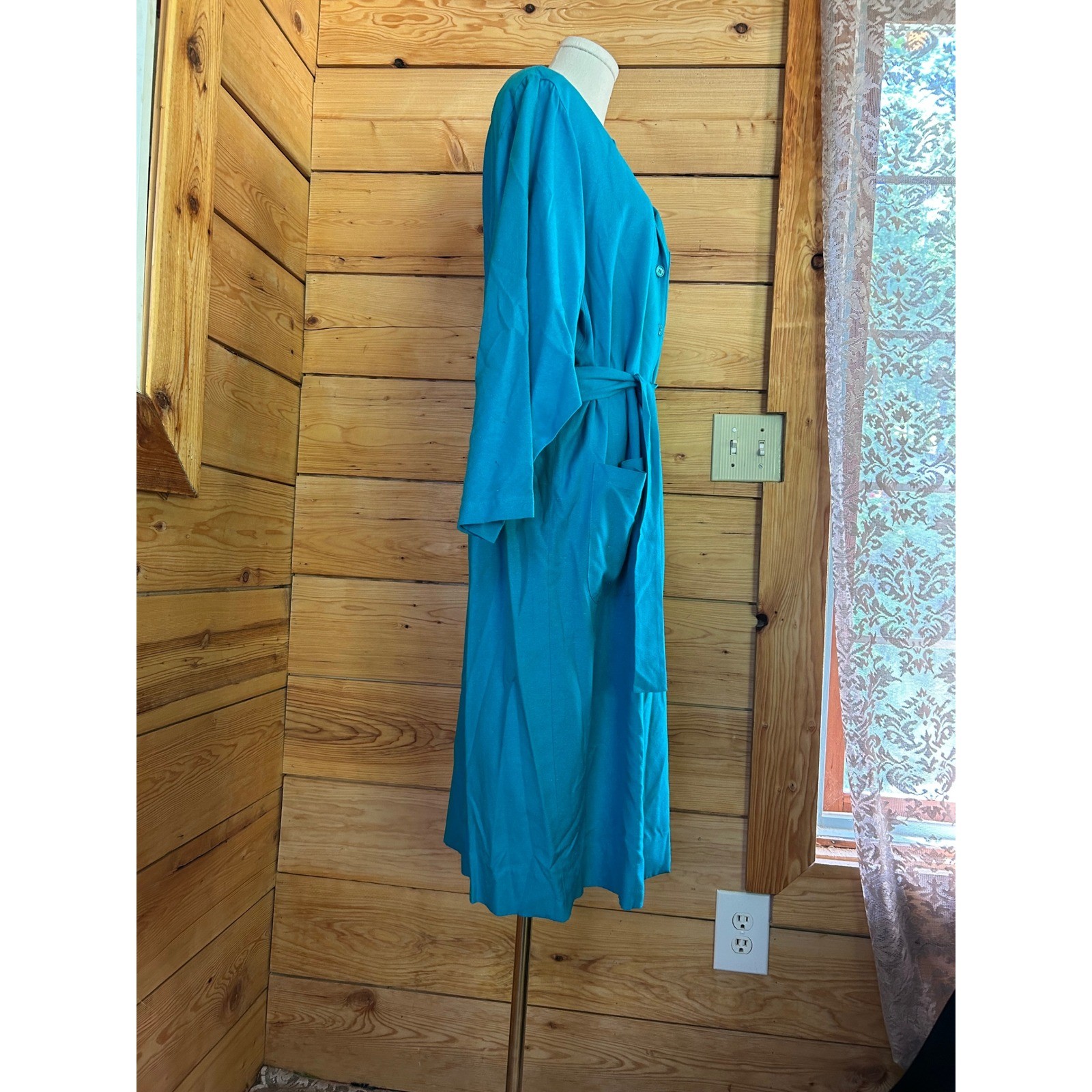 Vintage Silk Shirt Dress Women Size 14 Turquoise Teal Blue Midi Michel Laurent