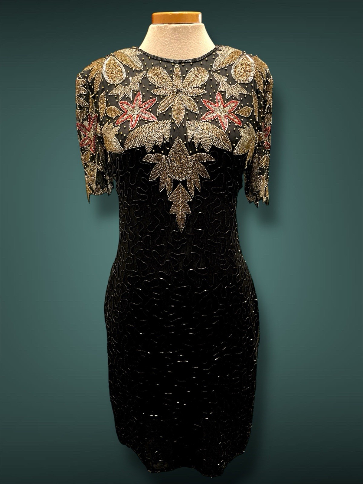 Vintage 1970’s Silk NYE Gold Silver Red & Black Glass Bead Short Dress