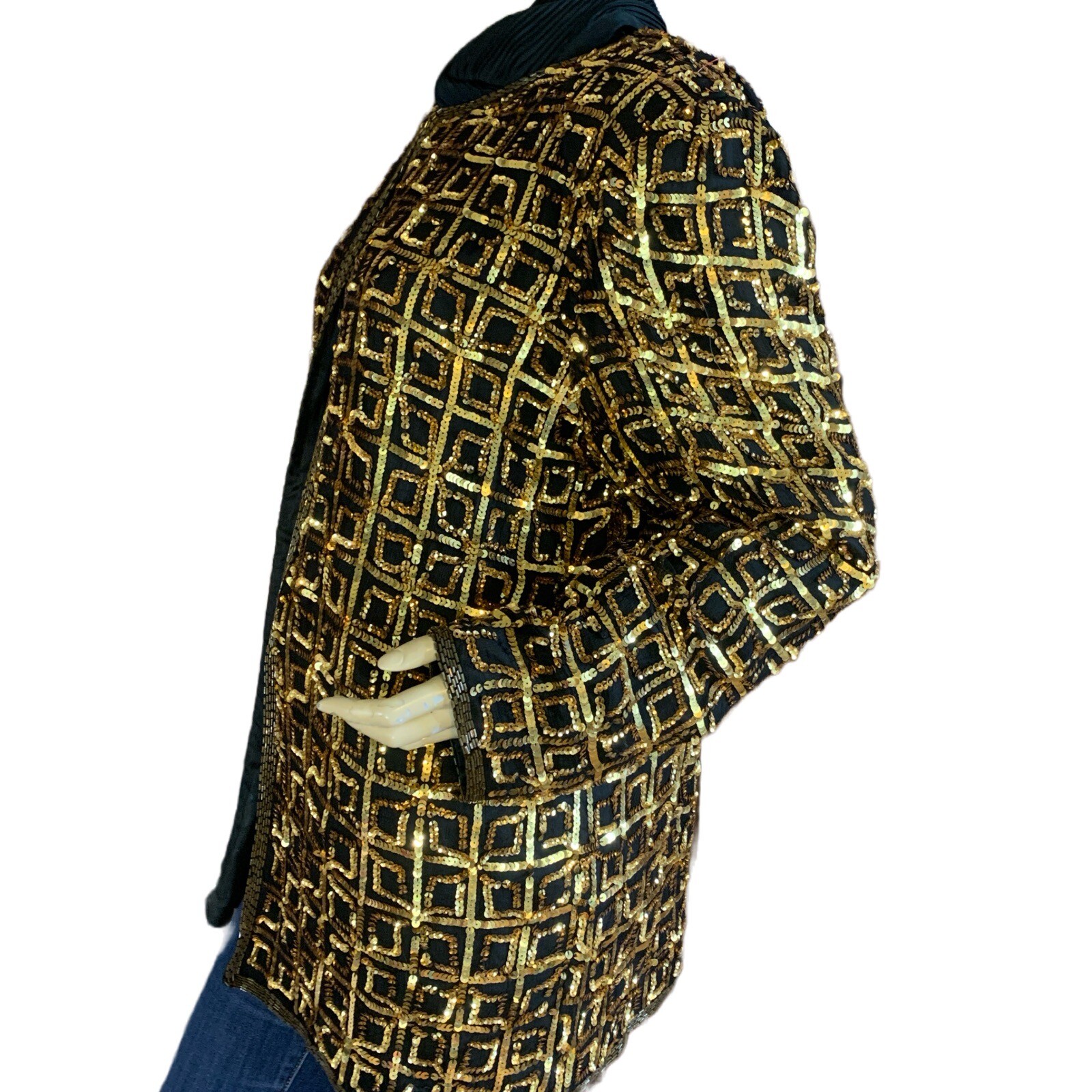 VINTAGE 1980’S CARINA BLACK & GOLD SEQUINS SILK JACKET SIZE XL