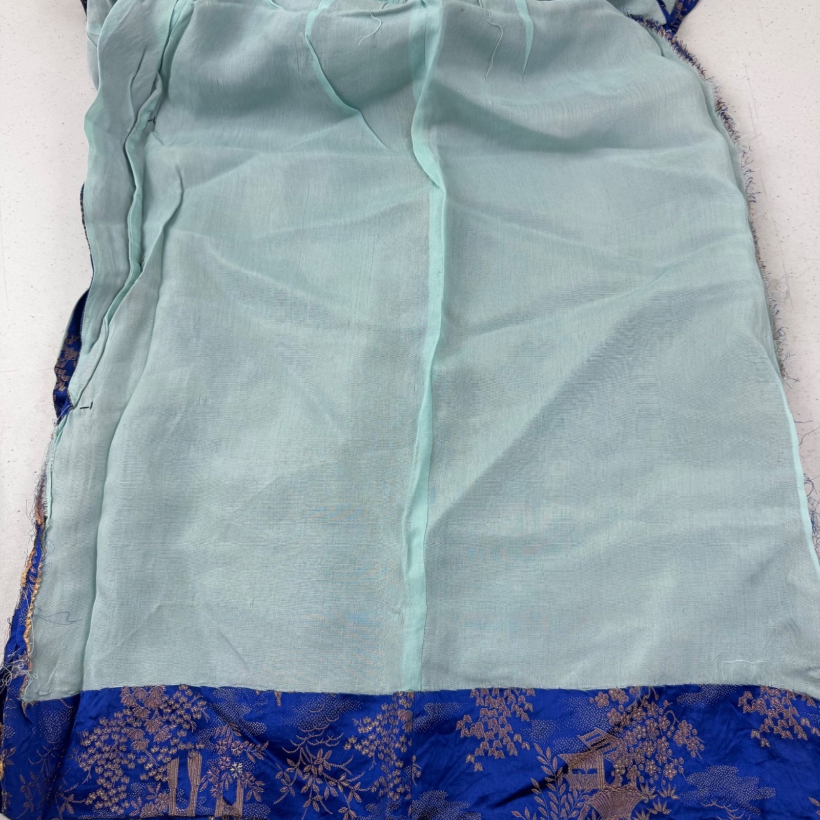 Vintage Blue & Gold Asian Brocade Cheongsam Dress With High Collar & Side Button