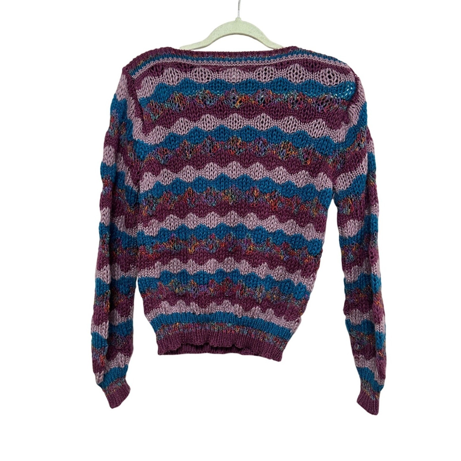 Vintage Naomi Bee Women Purple Teal Wavy Chevron Knit Pullover Sweater Large