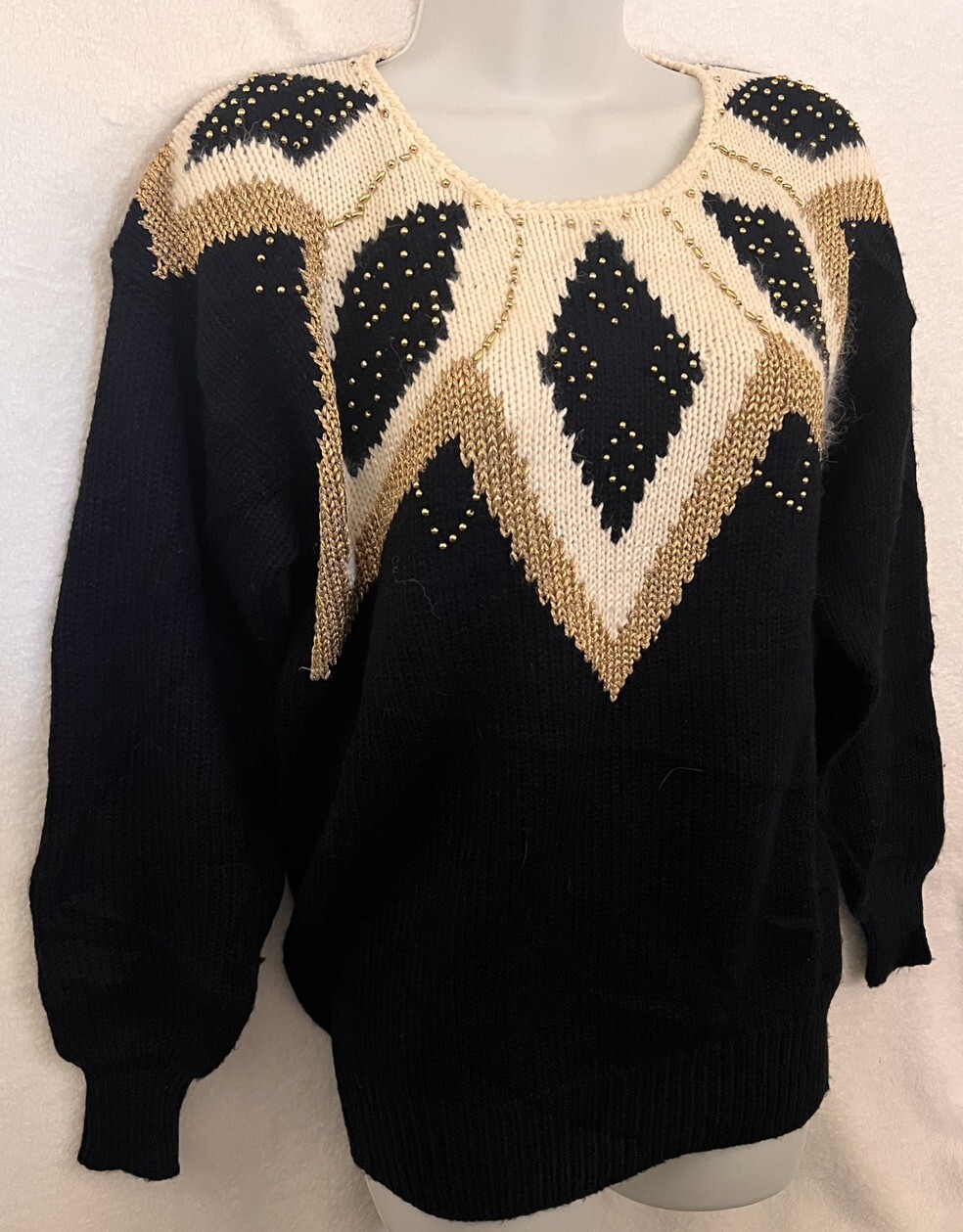 Dana Scott Womens M Vintage Sweater Black & Cream Gold Beads Party Holiday